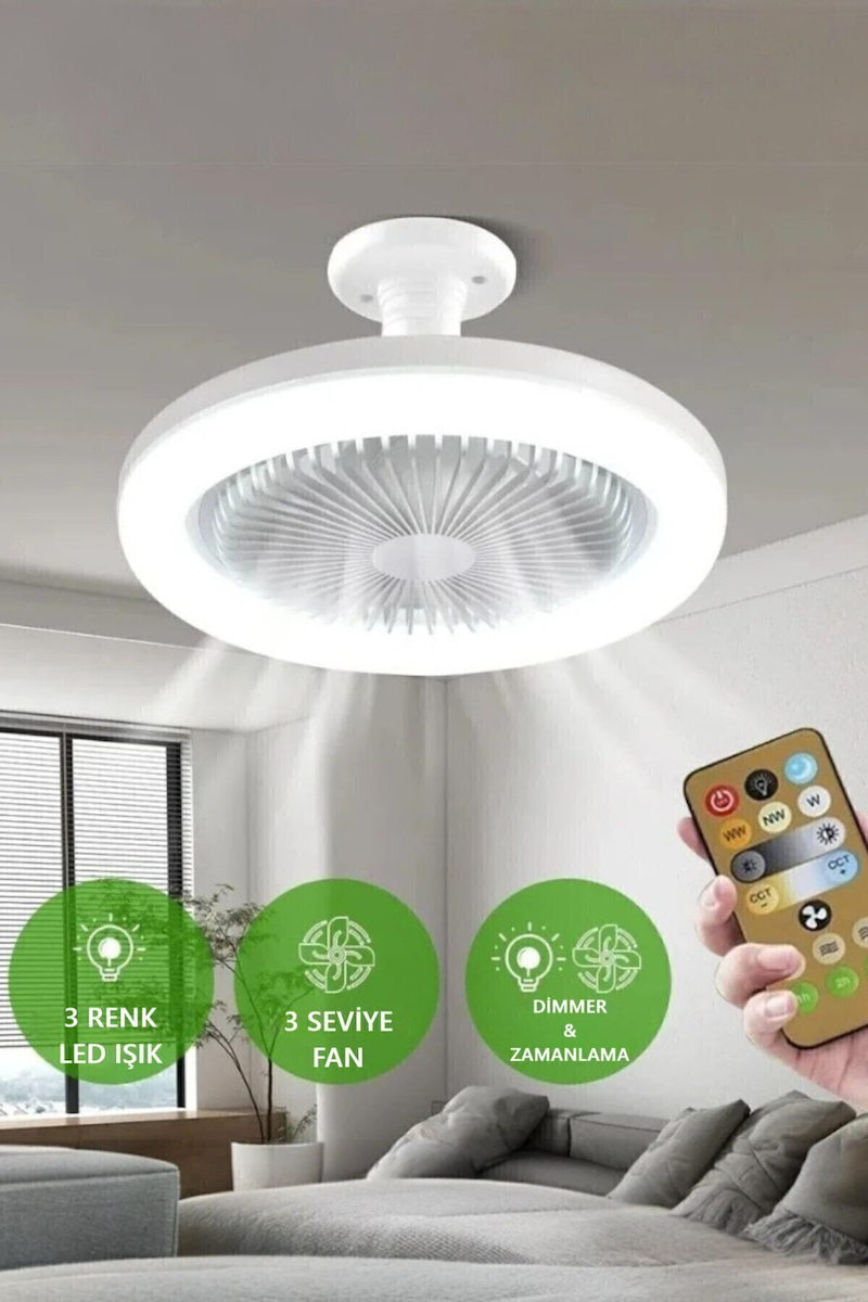 Adal Vantilatör 3 Kademe Hız Dimlenebilir 3 Renk Led Işıklı Poyraz Kumandalı Sabit Fan Led Ampul 24cm