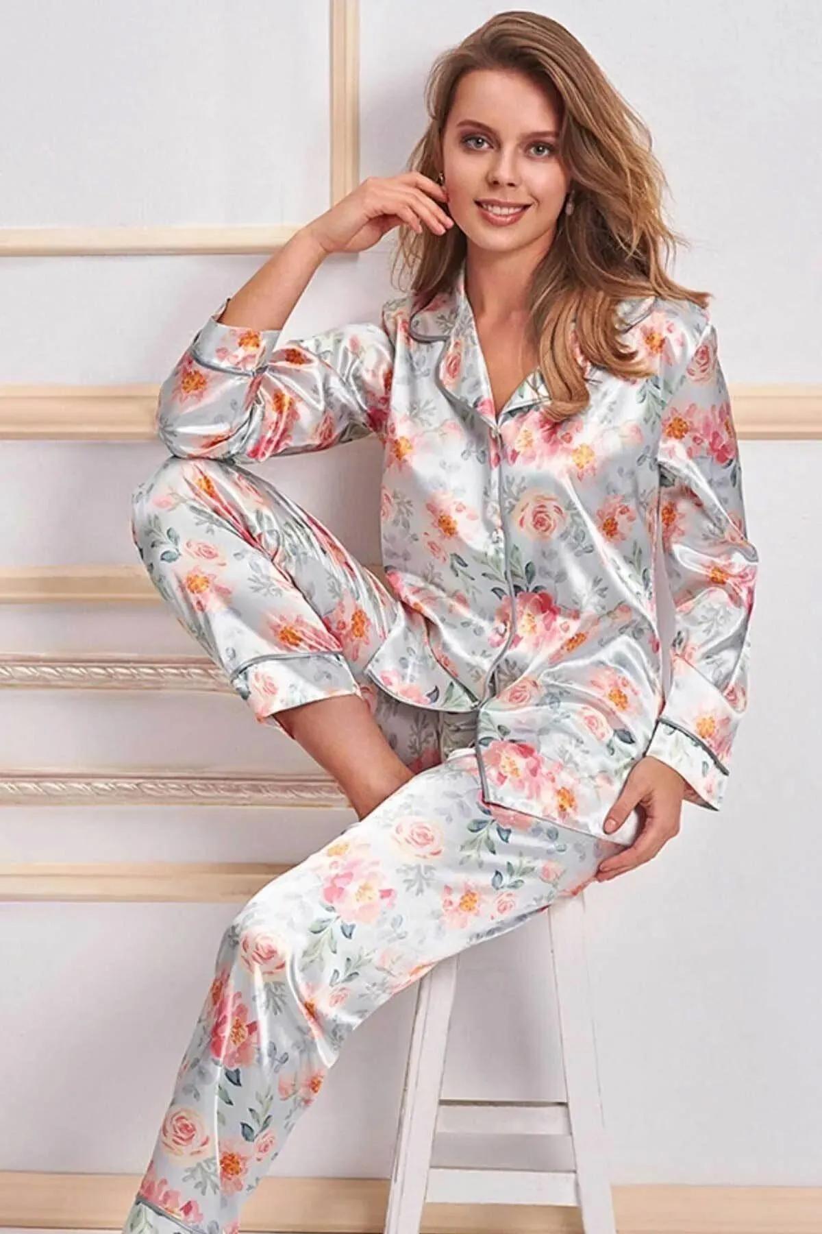 5654x Kadın Büyük Beden Saten Önden Düğmeli Uzun Kollu Pijama Takımı-mint