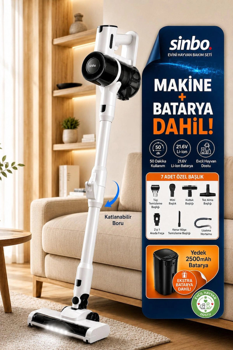 Sinbo SVC-8634 Kablosuz Dikey Şarjlı Süpürge Evcil Hayvan Seti + Ekstra Batarya