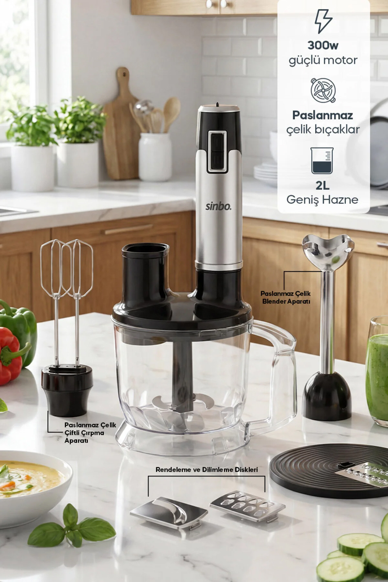 SHB-3186 Multi Blender Seti | Doğrayıcı Hazneli, Çırpıcı ve Rende Aparatlı El Blender Seti