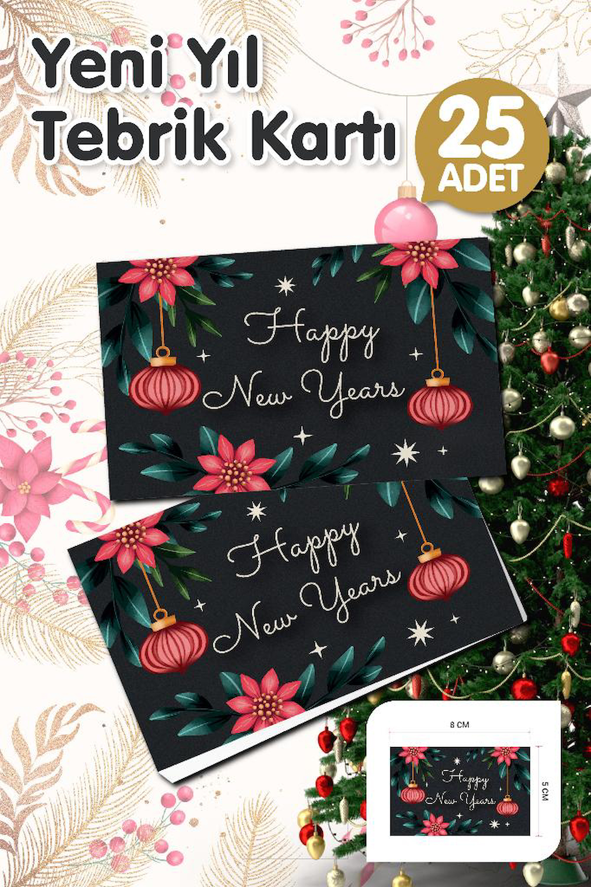 Yılbaşı Hediye Kartı - Yeni Yıl Tebrik Kartı - Yeni Yıl Kartpostal  Happy New Year Not Kartı 25 Adet-T1004