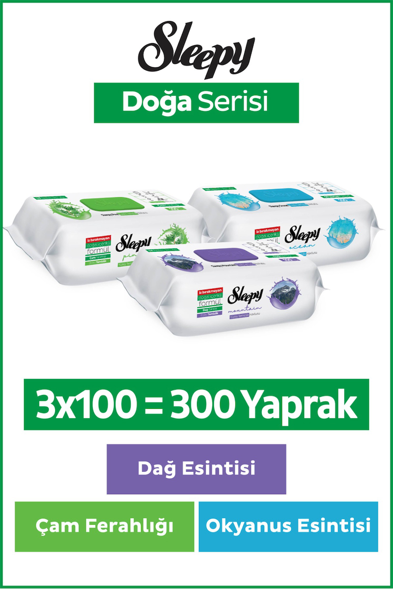 Sleepy Doğa Serisi Yüzey Temizlik Havlusu&Mendili Çam&Okyanus&Dağ Esintisi 3x100 (300 Yaprak)