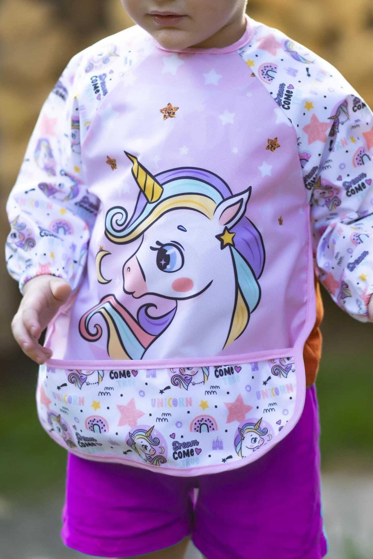 Unicorn Temalı Pembe Sıvı Geçirmez Uzun Kollu Mama Ve Aktivite Önlüğü Su Geçirmez Bebek Önlük