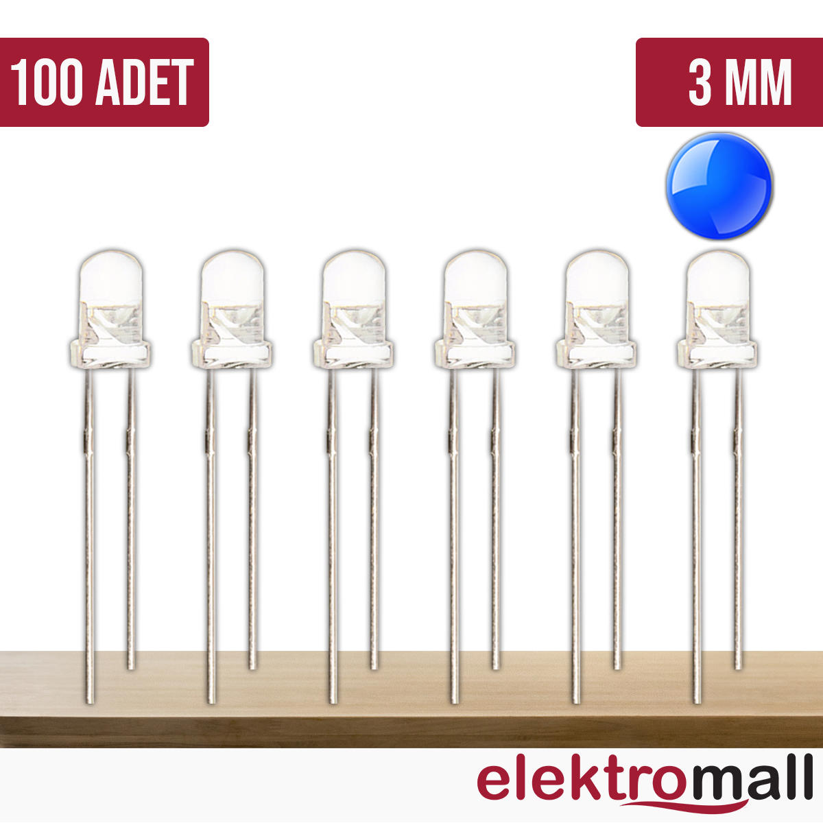 3mm Mavi Şeffaf Led - 100 Adet