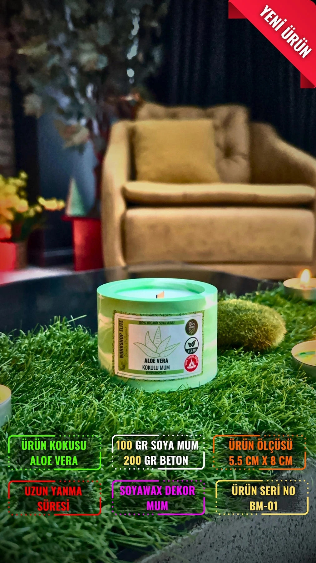 Workshop Elite Aroma Terapi Aloe Vera Kokulu Soya Wax Mumları 