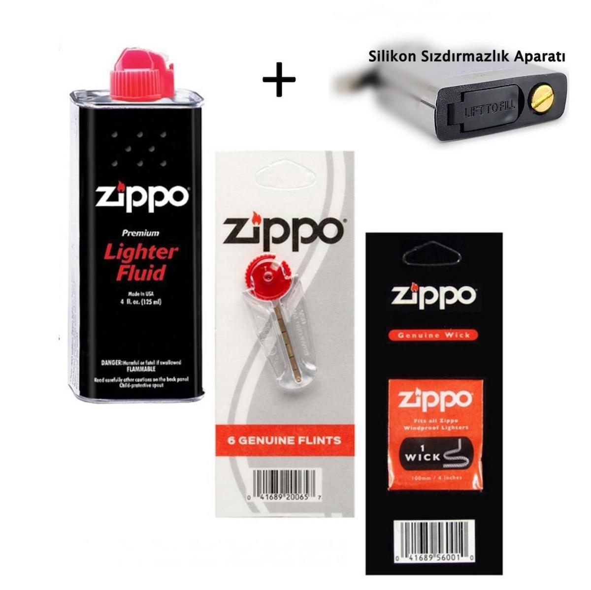 Zippo Çakmak Benzin + Taş + Fitil + Silikon Sızdırmazlık Aparatı