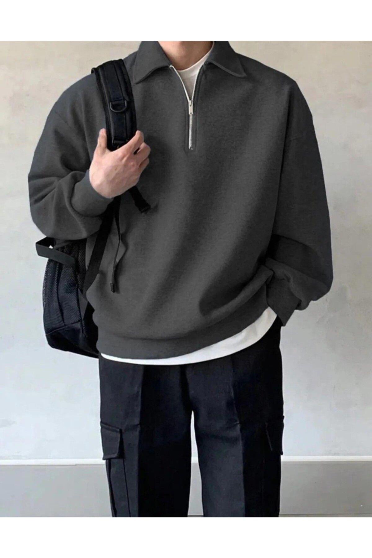 Erkek Polo Yaka Oversize Sweatshirt Yarım Fermuar Sweatshirt 