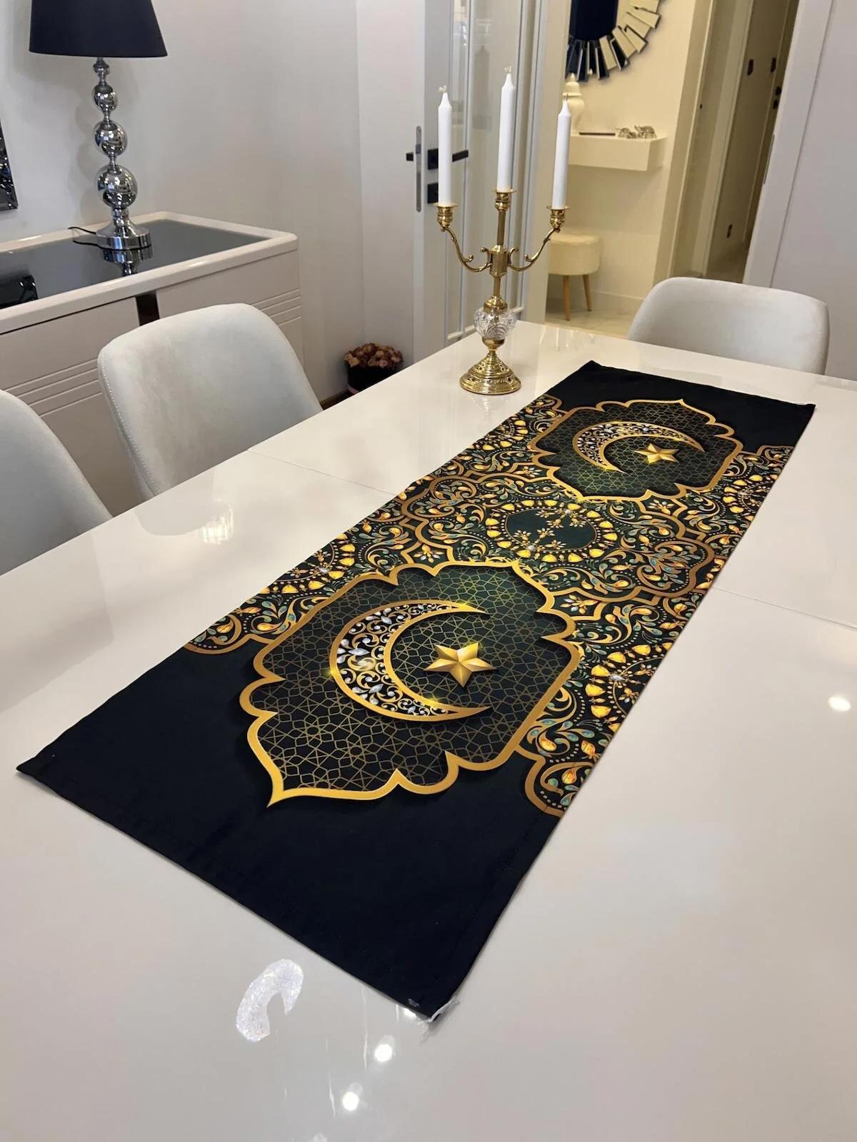 Runner Ramazan Siyah Yeşil Gold 43x140cm Ramadan Mübarek Sofra Iftar Eid Kareem Iftarmasası Mubarak