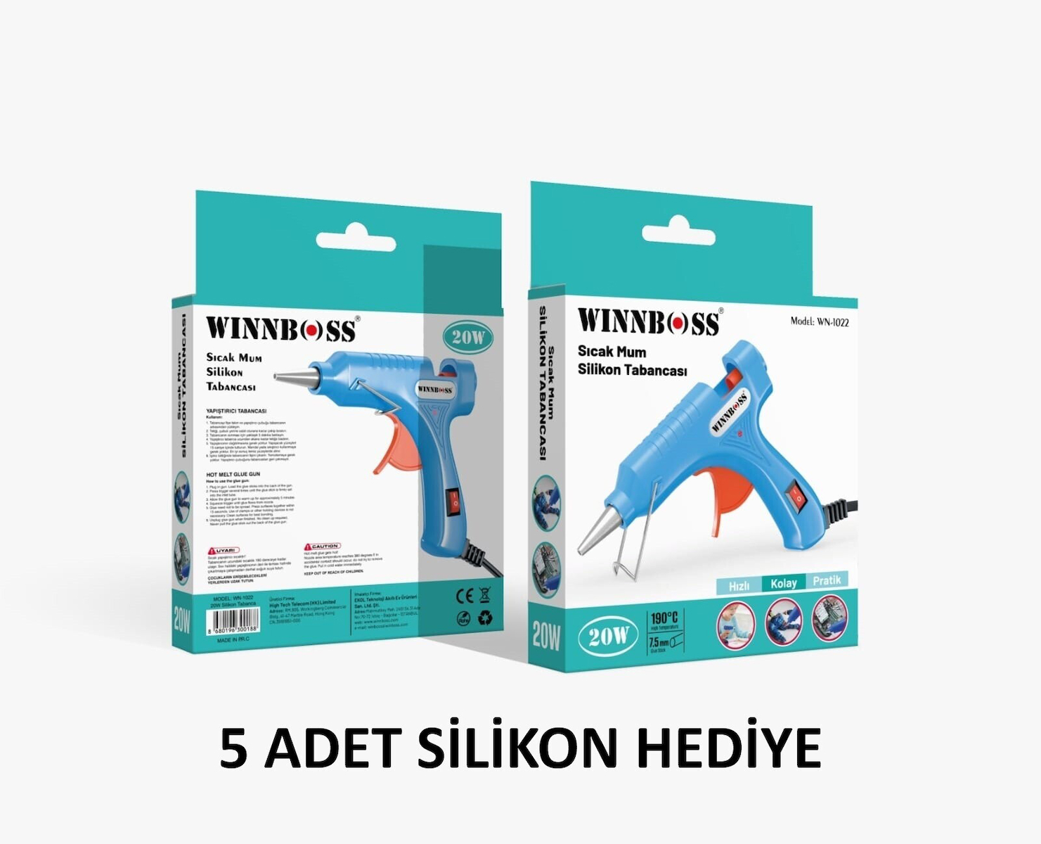 Metal Uçlu-Düğmeli-20W-190C 7.5mm Çapında Ince Sıcak Mum Silikon Tabancası+5 Silikon Hediye