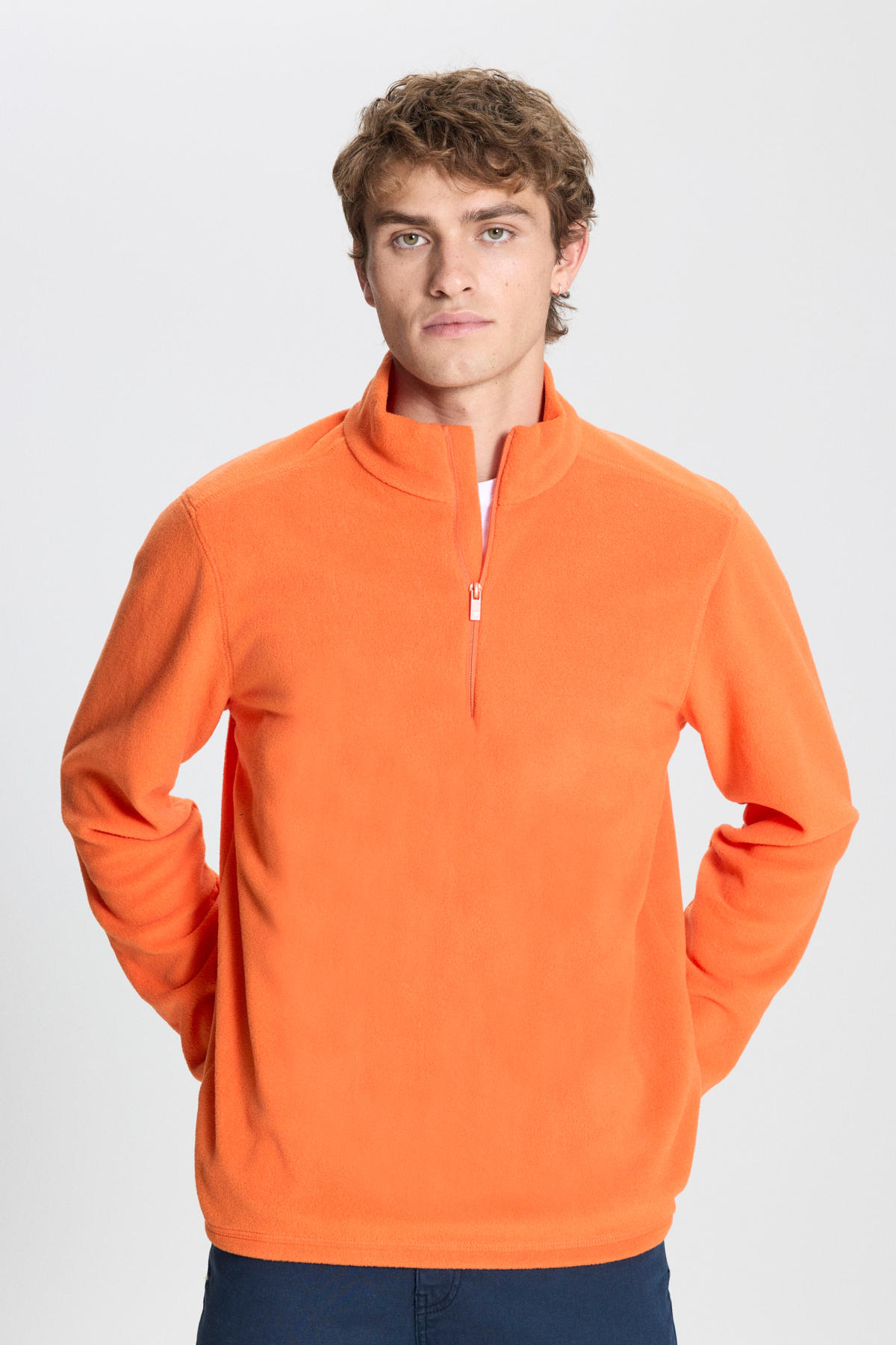 Erkek Turuncu Anti-pilling Tüylenme Yapmayan Standart Fit Bato Yaka Soğuk Geçirmez Polar Sweatshirt