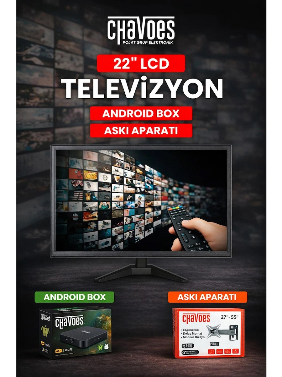 Chavoes 22 İnç Mutfak TV + Android Box | Çanak Antensiz WiFi TV | Askı Aparatı Hediyeli