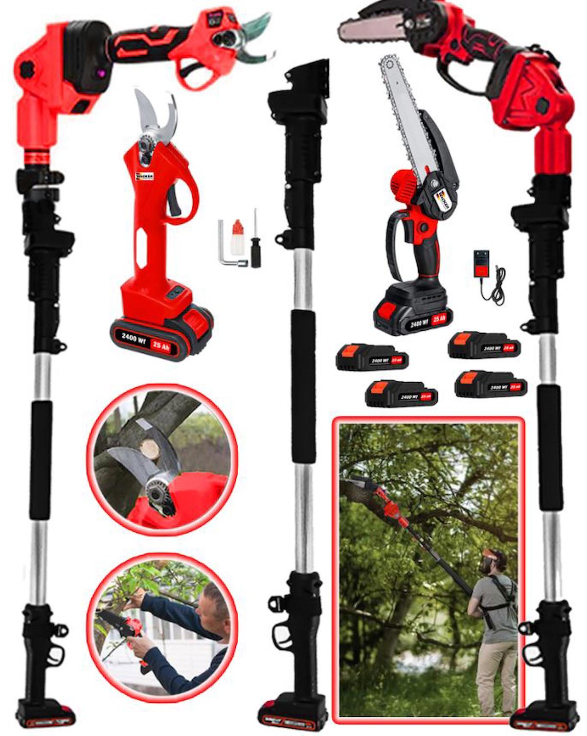 Wacker Germany 3 Lü set Red 2400 Vf Brushles Motor 4 ADET Akülü 2.7 Metre Teleskopik Hediyeli + Akülü Dal Budama + Bağ Makası