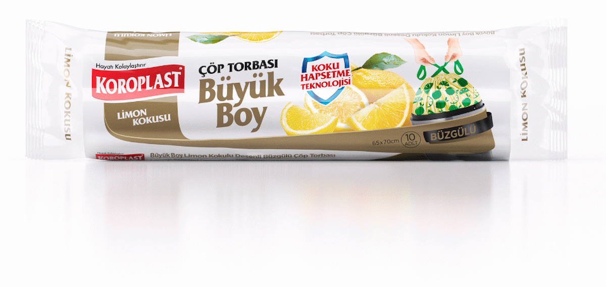 Koroplast Limon Kokulu Büzgülü Büyük Boy Çöp Torbası 10 Adet 65x70 cm