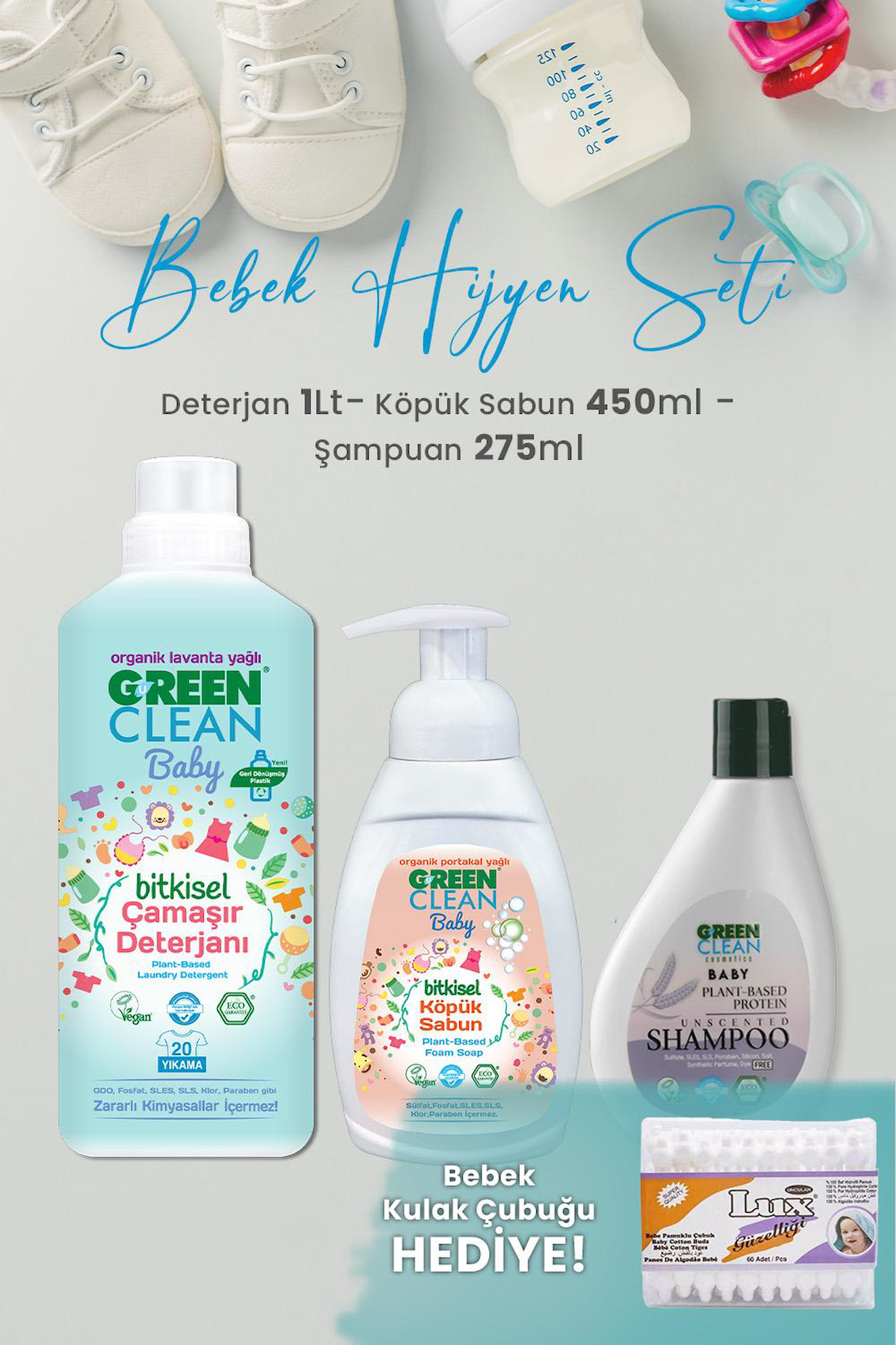 U Green Clean Baby Çamaşır Deterjanı 1 L, Köpük Sabun 450 ml, Şampuan 275 ml ve Hediyeli