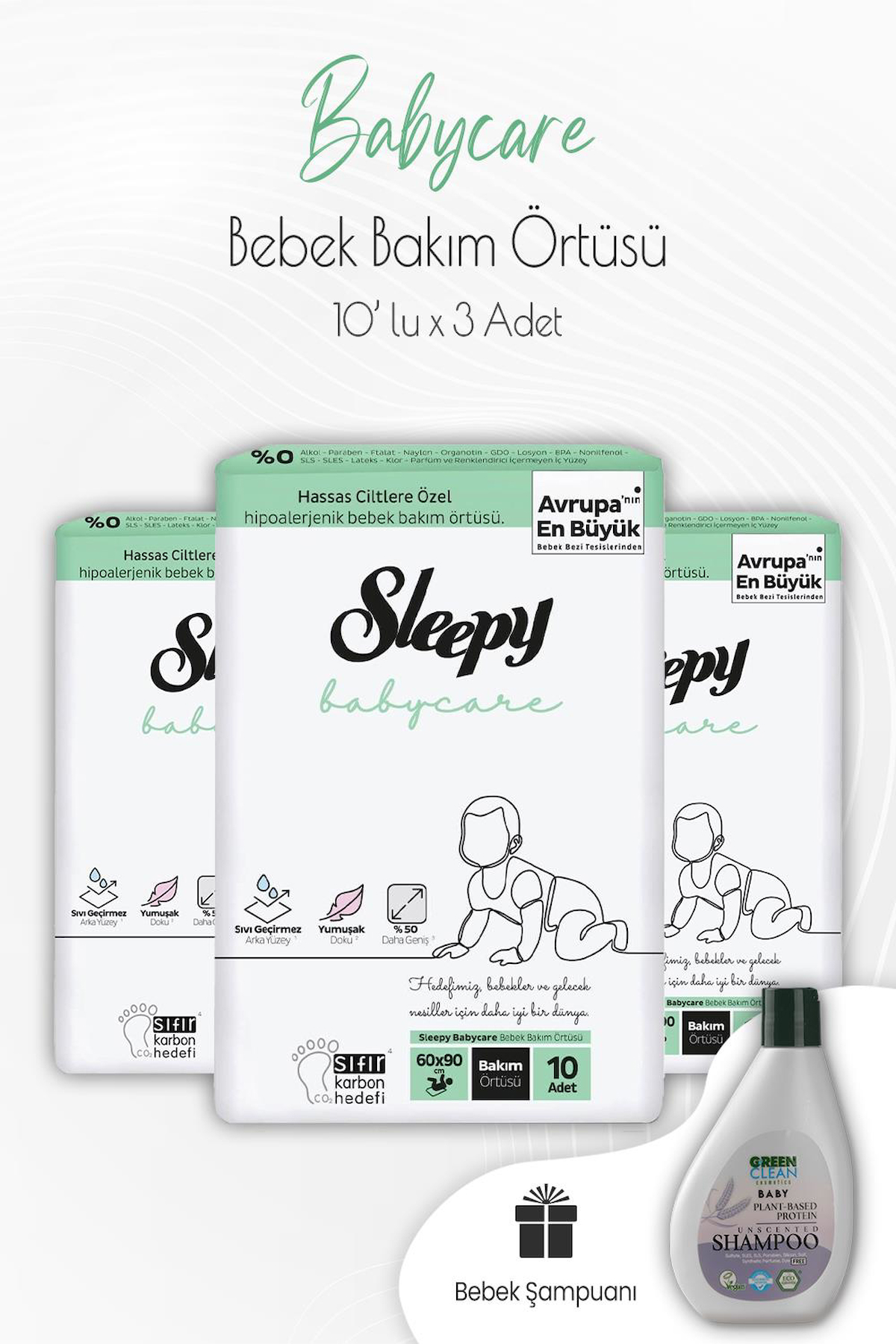 Sleepy Babycare Bebek Bakım Örtüsü 10'lu x 3 Adet ve Bebek Şampuan