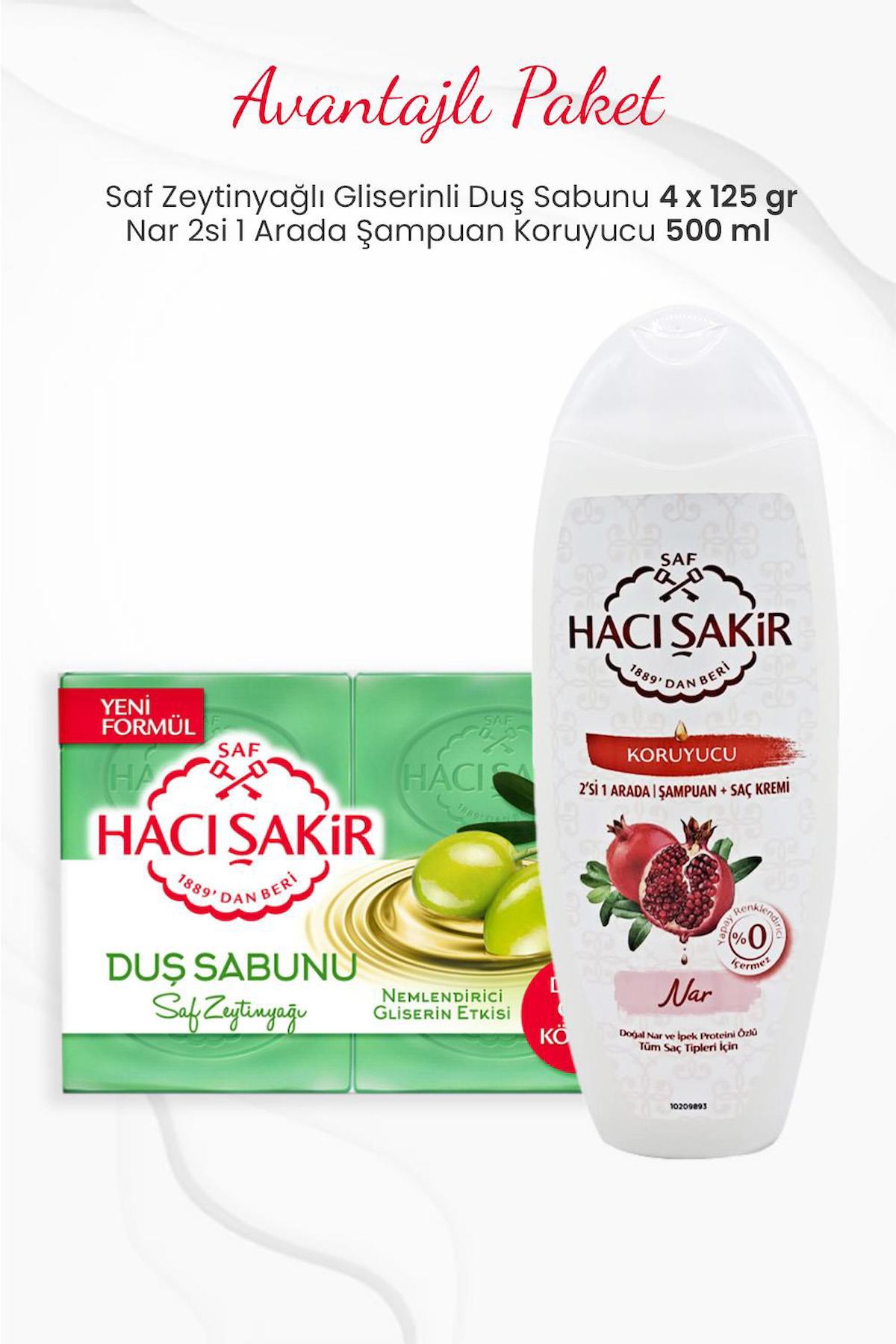 Hacı Şakir 4'lü Saf Zeytinyağlı Duş Sabunu ve Nar 2si 1 Arada Şampuan 500 ml