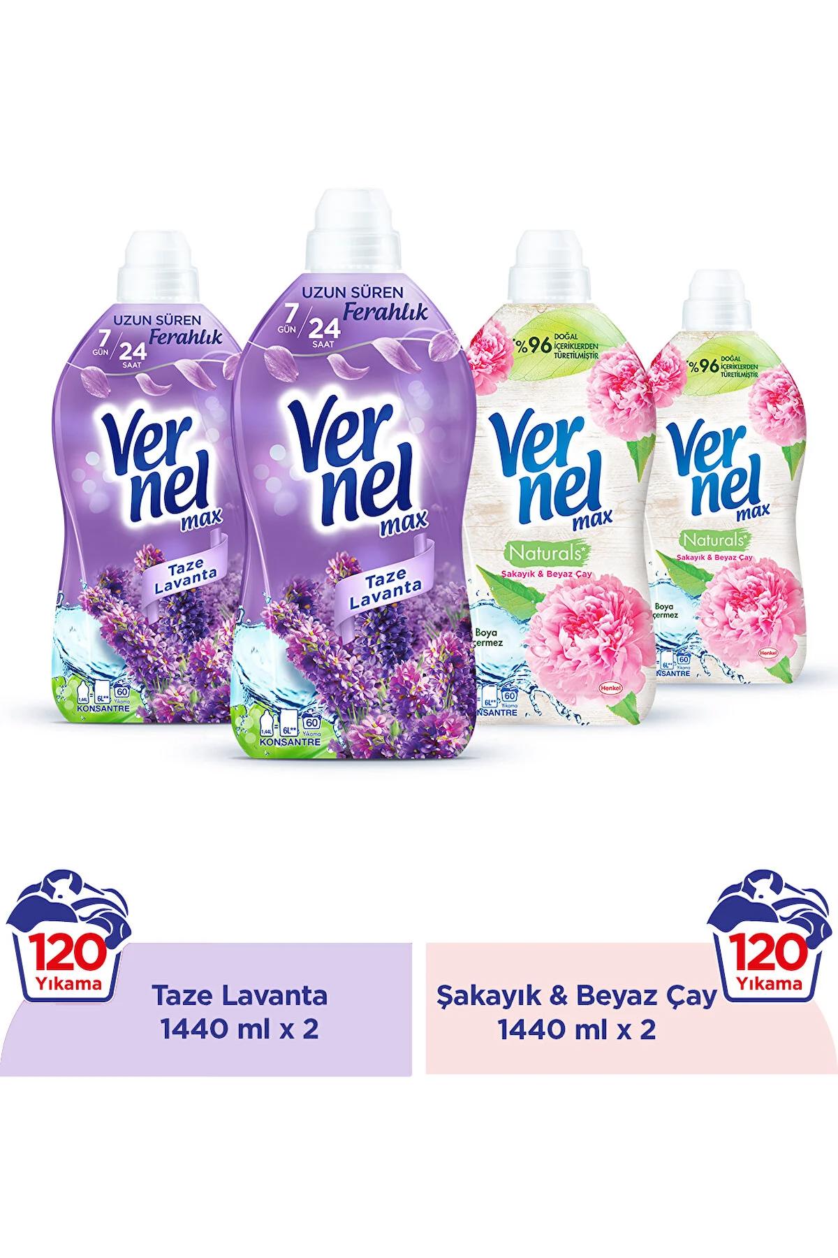 Vernel Max Konsantre Çamaşır Yumuşatıcısı 4 X 1440ml (240 Yıkama) 2 Taze Lavanta + 2 Şakayık