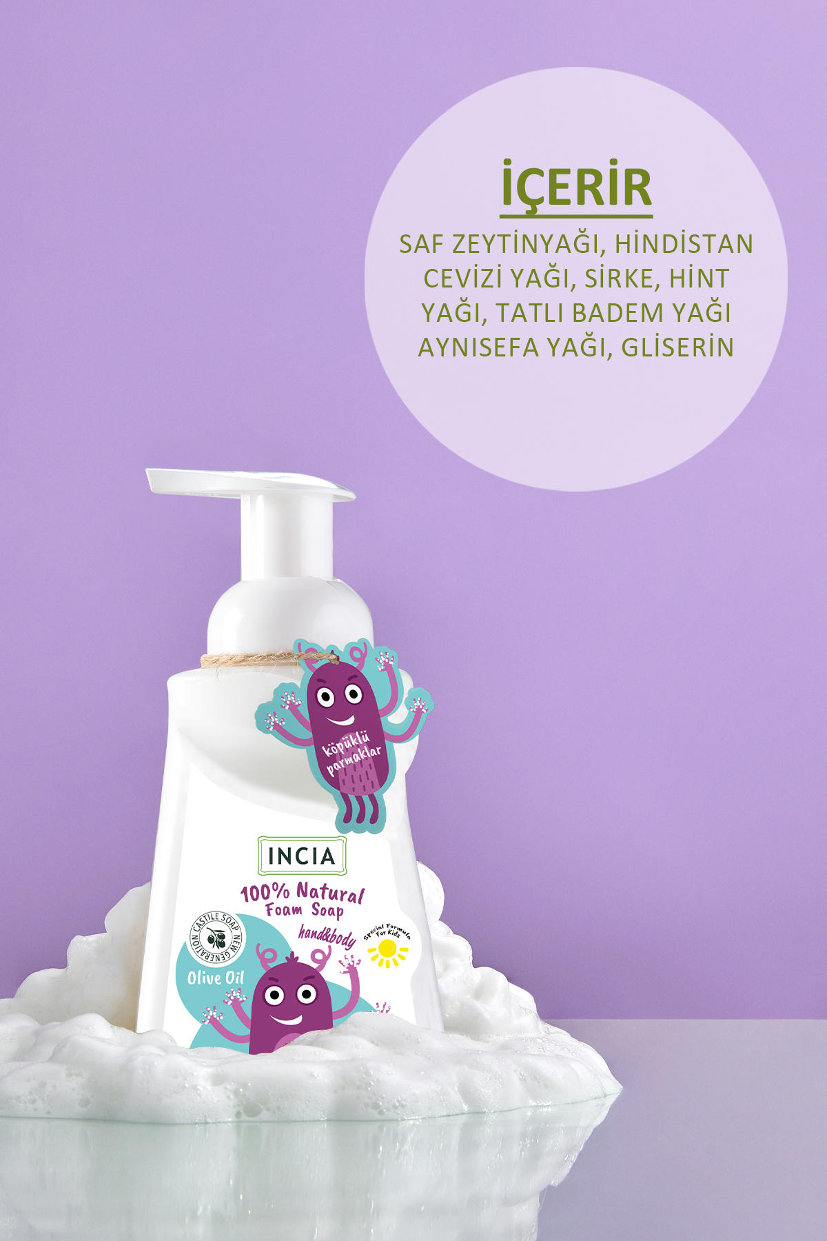 INCIA %100 Doğal Köpük Kastil Sabunu Çocuklar İçin Zeytinyağlı 10 Bitkisel Değerli Yağ Vegan 200 ml