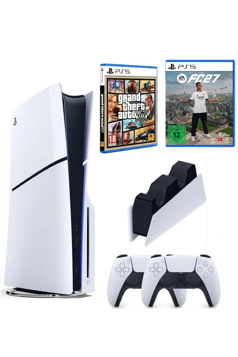 Playstation 5 Slim Cdli + 2.kol Dualsense + Şarj İstasyonu + GTA 5 + PS5 FC27 (İthalatçı Garantili)