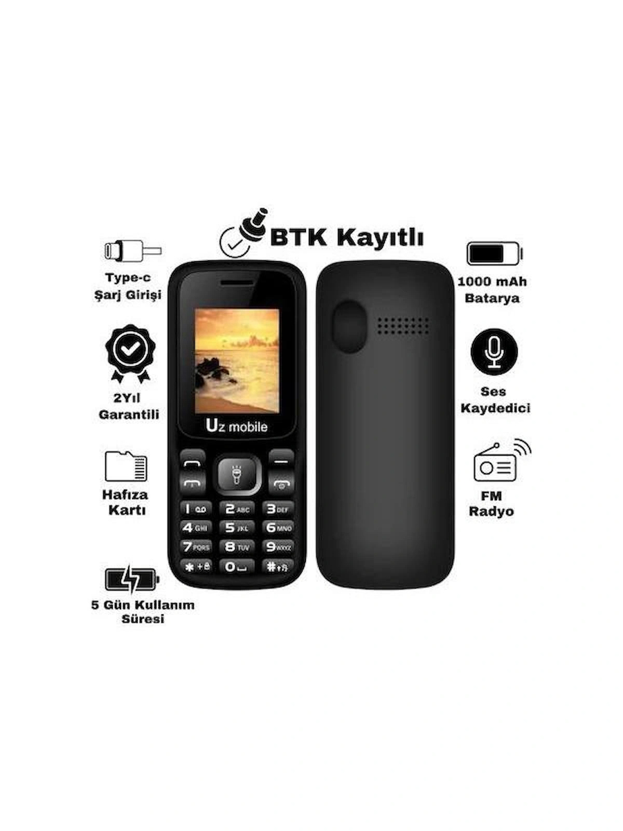 Uz Mobile -Sim Kartlı, Yerli Üretim Tuşlu Telefon Uz Türkiye Garantili