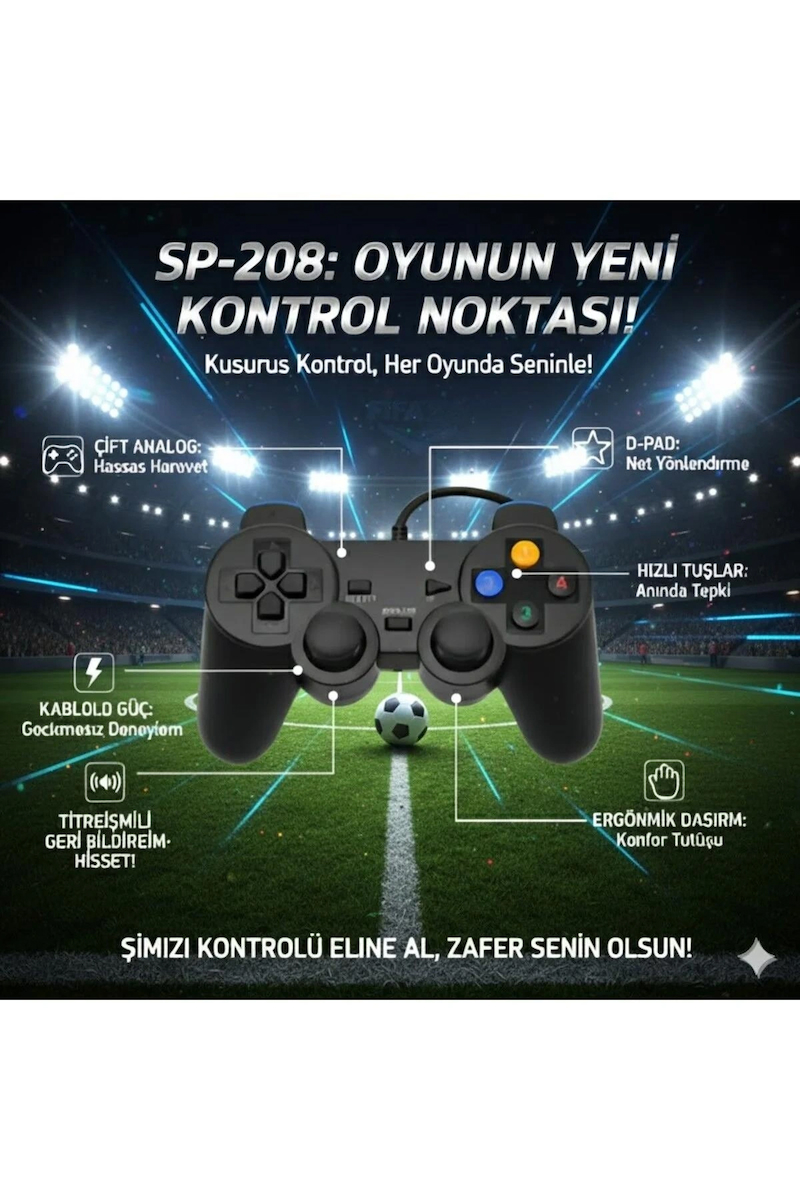 SP-208 USB Gamepad – PC/Laptop İçin Ergonomik & Titreşimli Oyun Kolu