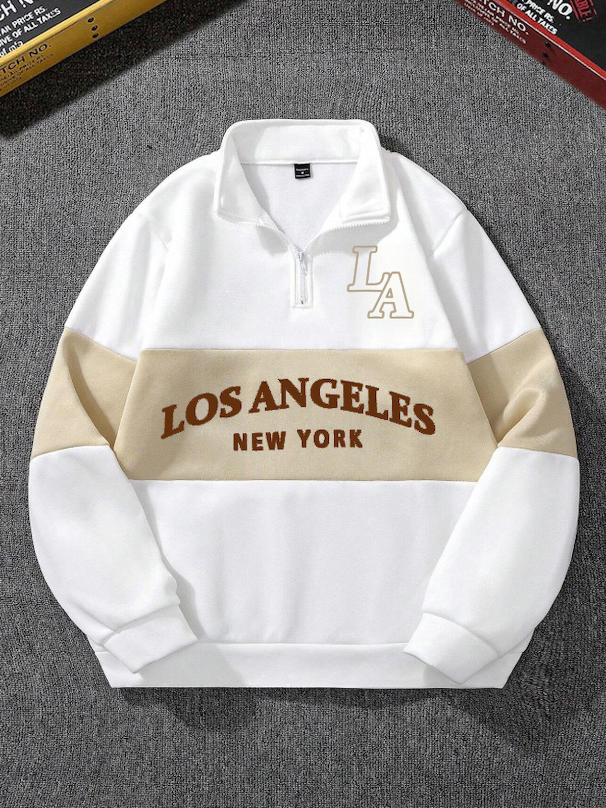 Unisex Los Angeles Baskılı Oversize Parçalı Polo Yaka Fermuarlı Sweatshirt