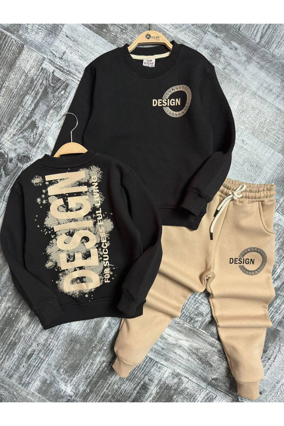 Miniğimin Cicileri DESIGN Baskılı Sweatshirt ve Jogger Erkek Çocuk Eşofman Takımı - Kahverengi