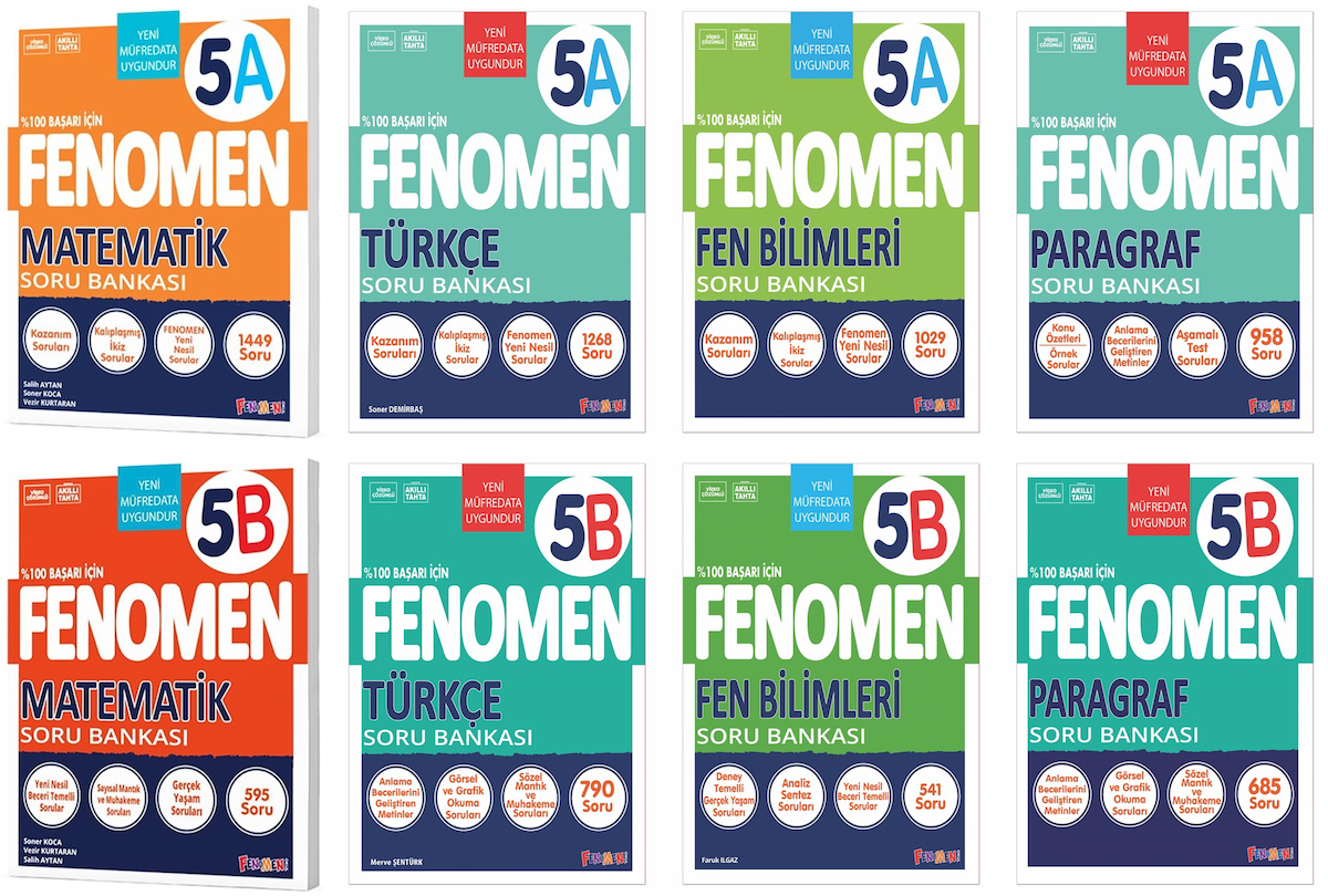 Fenomen Okul 2025 5. Sınıf Matematik + Türkçe + Fen + Paragraf A + B Serisi Soru Seti 8 Kitap Güncel Müfredat