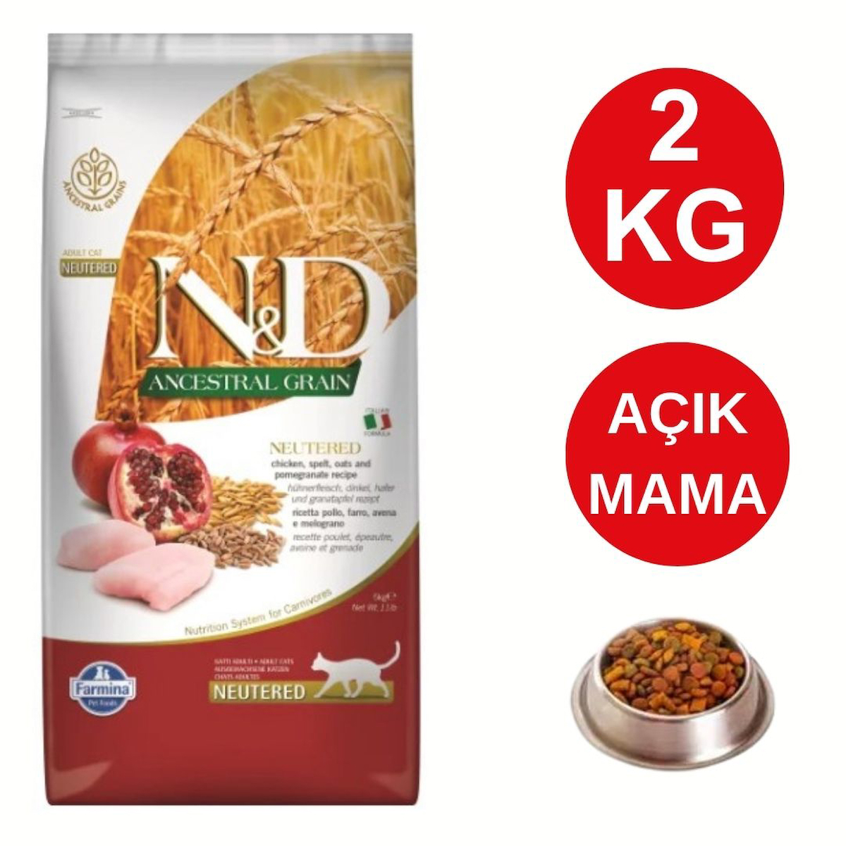 N&D Düşük Tahıllı Tavuklu ve Narlı Kısırlaştırılmış Açık Kedi Maması 2 Kg