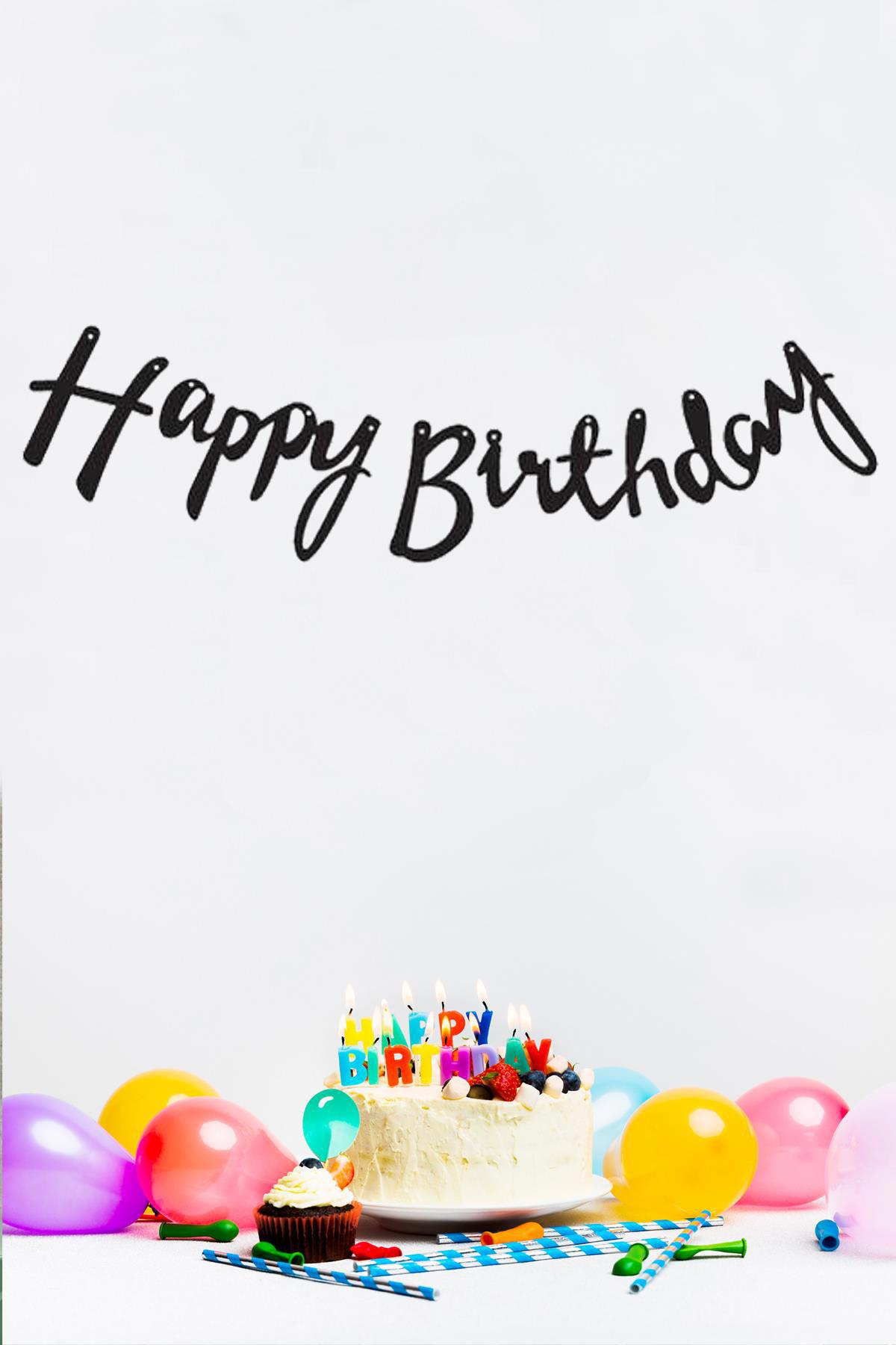 Happy Birthday Siyah Doğum Günü Süsleri Banner Kaligrafi Banner Yazı