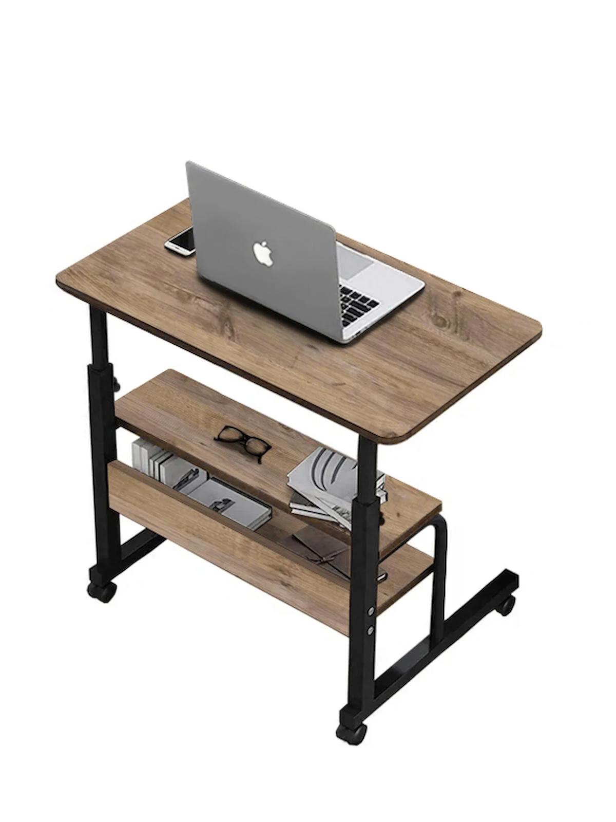 Yükseklik Ayarlı ve Çift Raflı Laptop Sehpası Ve Çalışma Masası - Ceviz (Tekerli) 70 X 40 Cm