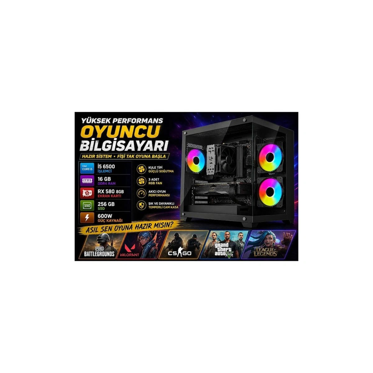 AKTUF Strong Oyuncu Bilgisayarı i5 6500 16GB RAM 256GB SSD RX580 8 GB Ekran Kartı | Hazır Sistem PC |