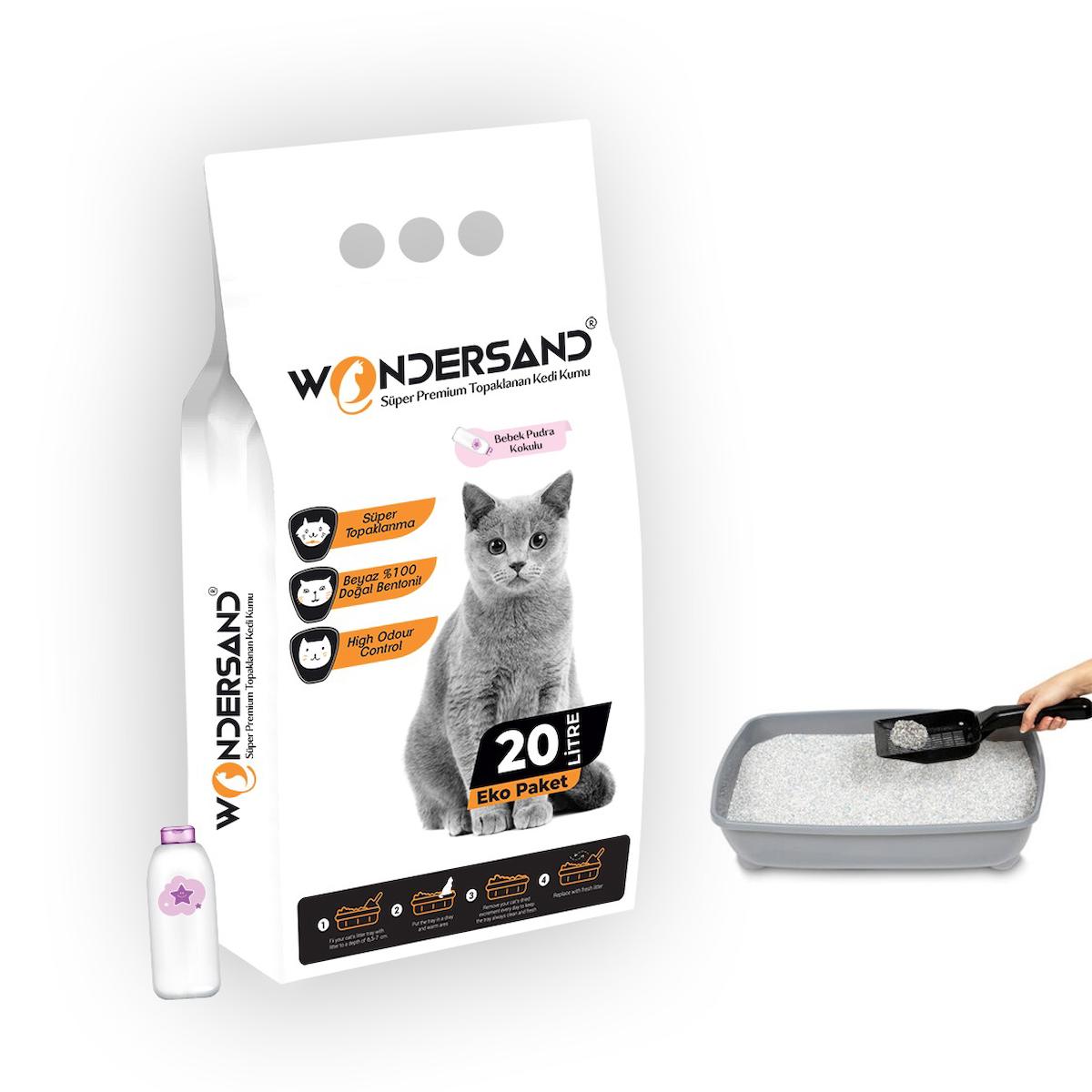 Wondersand 20 Lt Beyaz Bentonit İnce Tane Bebe Pudra Kokulu Süper Topaklanan Premium Kedi Kumu