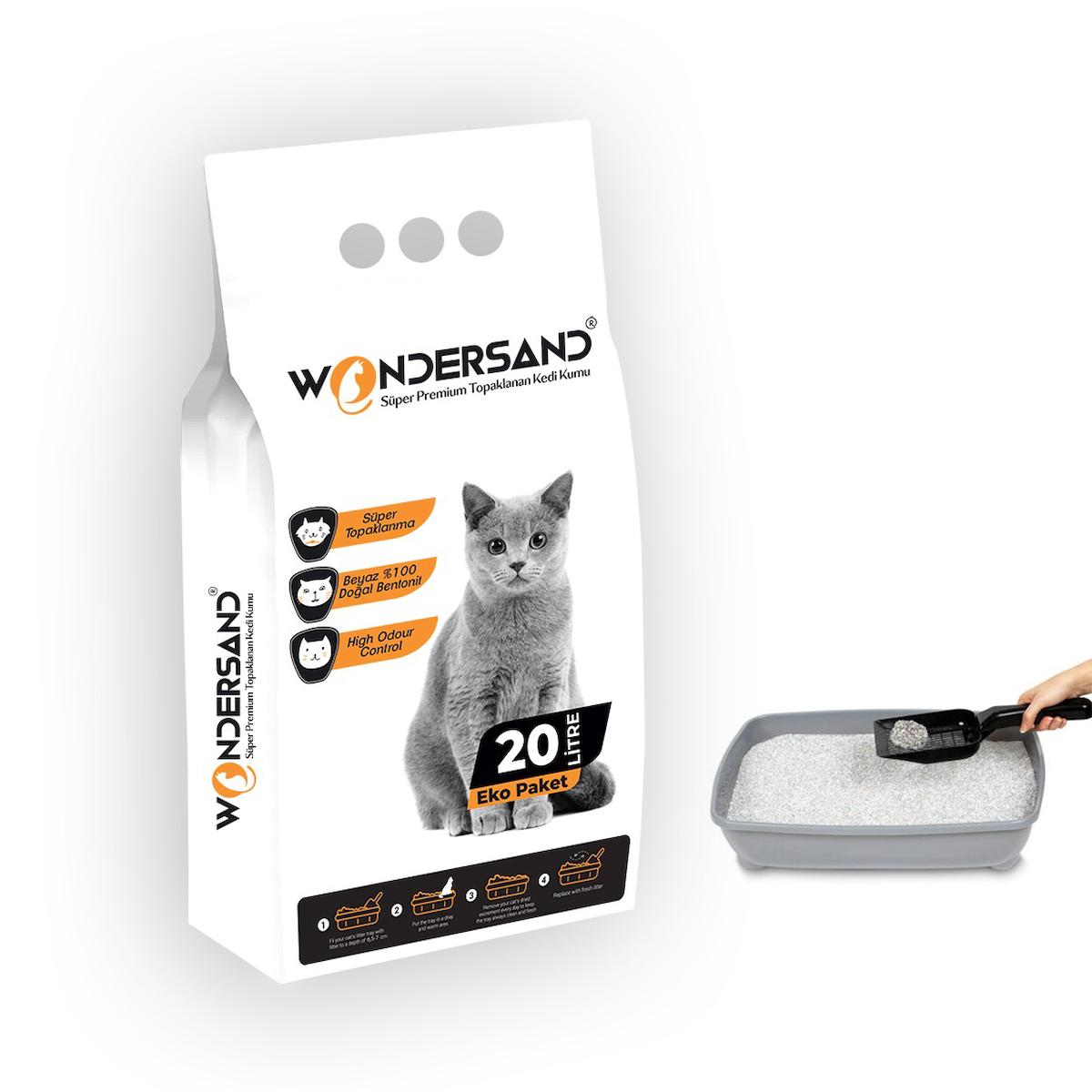 Wondersand 20 Lt Beyaz Bentonit İnce Tane Kokusuz Süper Topaklanan Premium Kedi Kumu