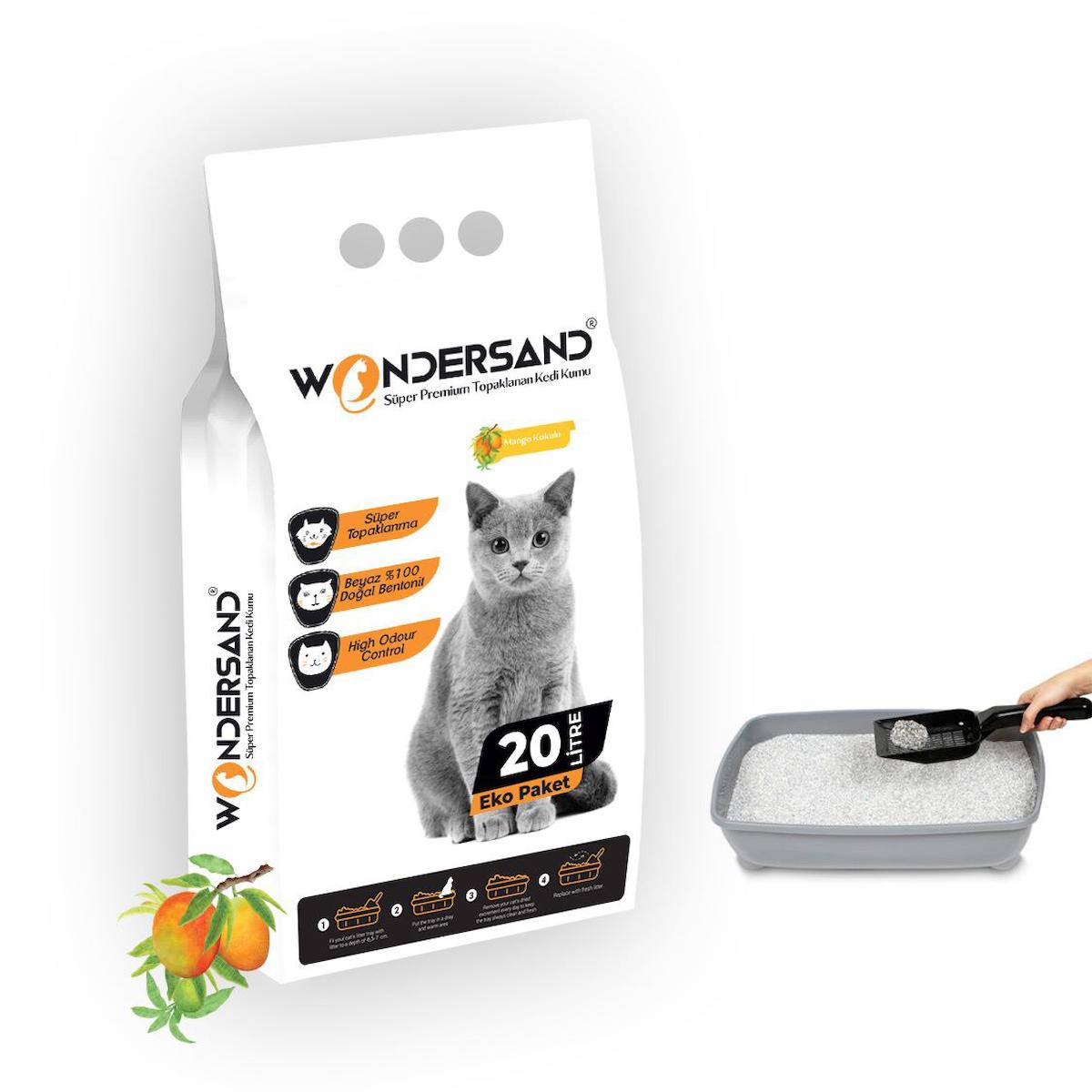 Wondersand 20 Lt Beyaz Bentonit İnce Tane MANGO Kokulu Süper Topaklanan Premium Kedi Kumu