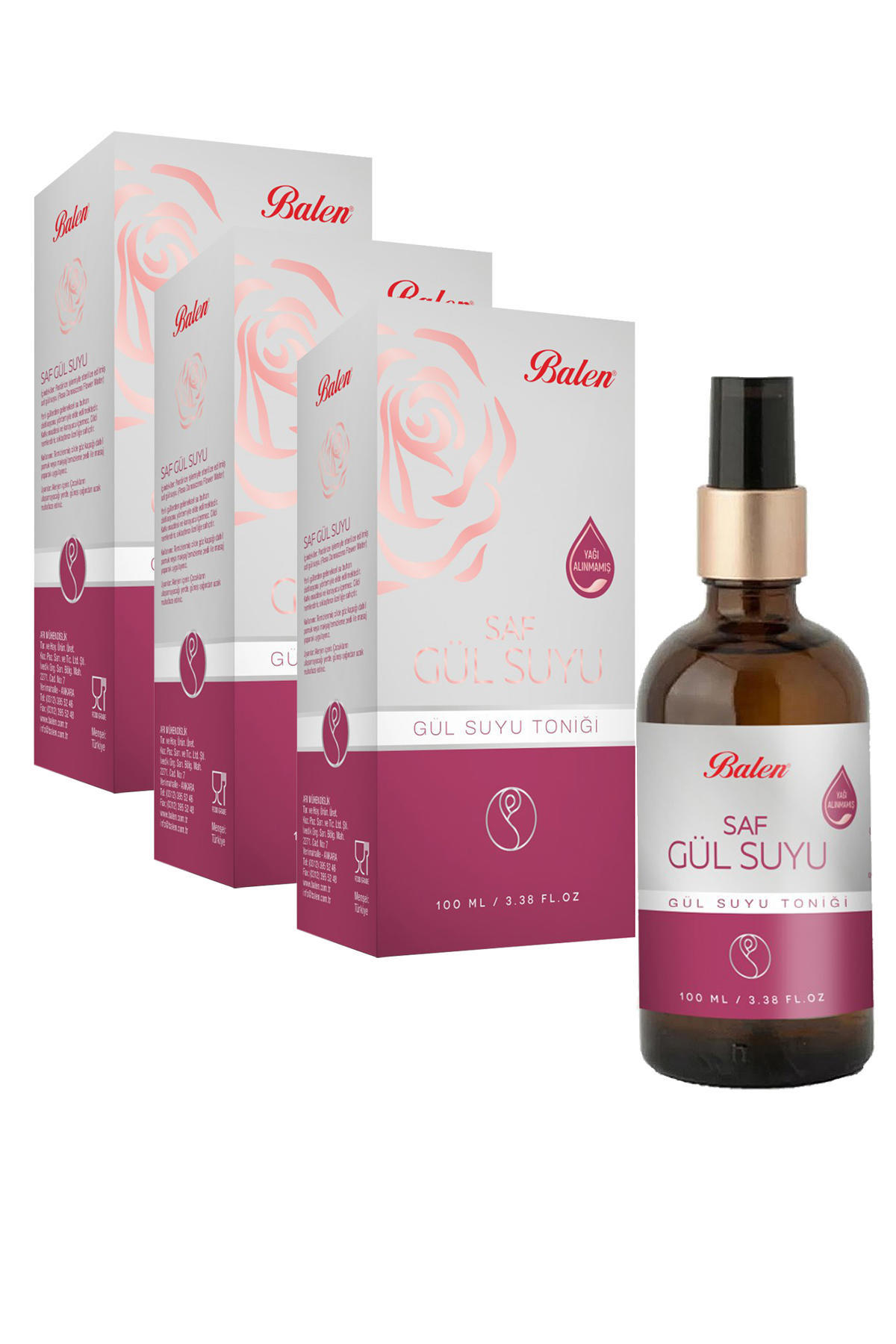 3 Kutu Gül Suyu 100 ml. Saf Gül Suyu Pure Rose Water Gül Suyu Tonik Sprey Uçlu