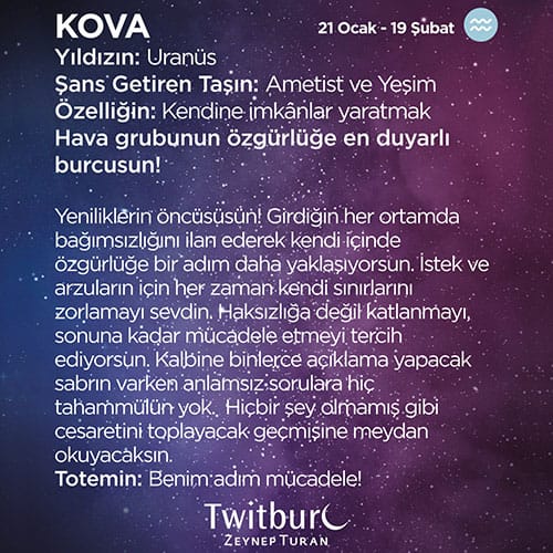 Mor ve lacivert yıldızlı arka plan üzerinde Kova burcunun tarih aralığı, gezegeni, şanslı taşları  ve kişilik özelliklerini anlatan bilgilendirici görsel.