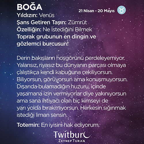 Mor ve lacivert yıldızlı arka plan üzerinde Boğa burcunun tarih aralığı, gezegeni, şanslı taşları  ve kişilik özelliklerini anlatan bilgilendirici görsel.