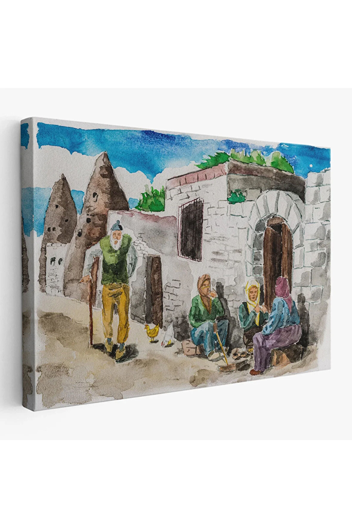Kapadokya Göremede Bir Köy Suluboya Görünüm Dekoratif Tablo-3756