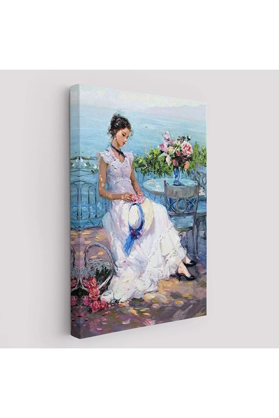 Terastaki Beyaz Elbiseli Güzel Kadın Tablosu-6273