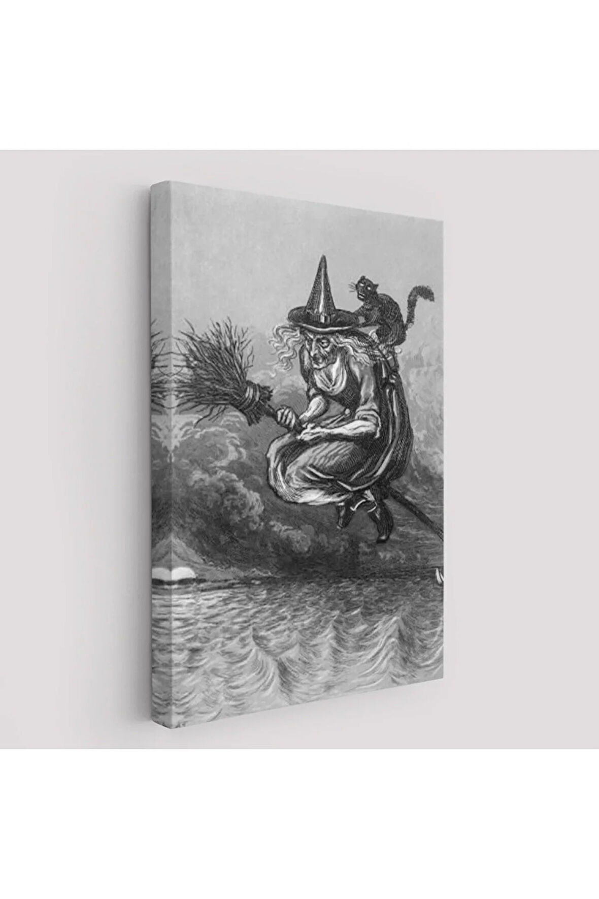 Süpürge İle Uçan Yaşlı Cadı Ve Kedisi, Cadılar Bayramı Hediyesi, Hellowen Tablo -6304