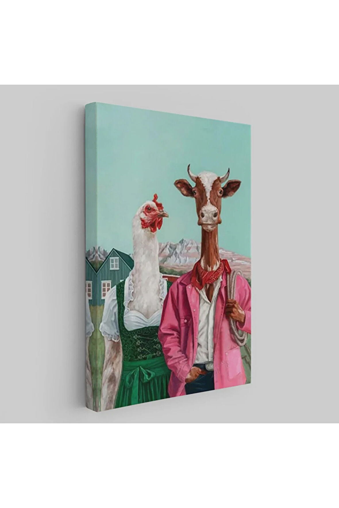 Tavuk Ve İnek Amerikan Gotik Komik Çiftlik Tablosu-6349