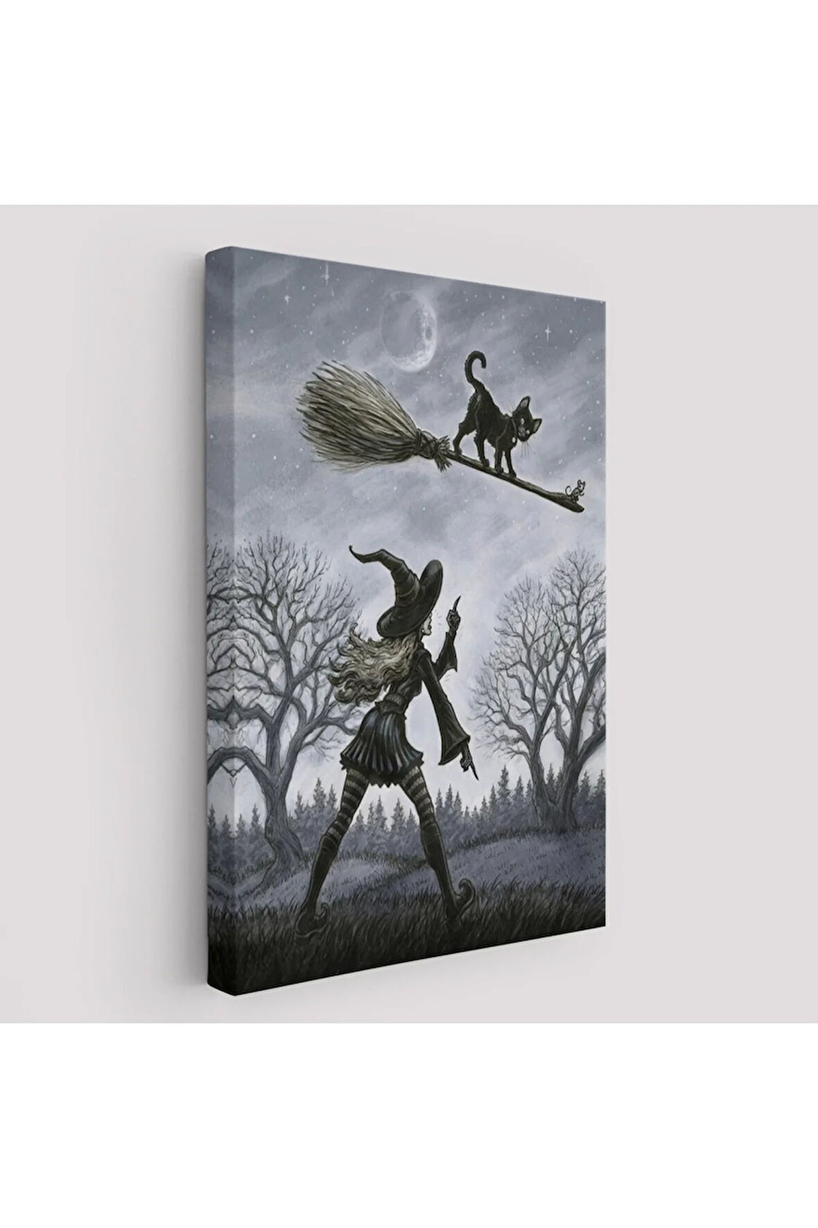 Cadı Süpürgesi İle Uçan Kara Kedi Tablosu, Witches Halloween-6353