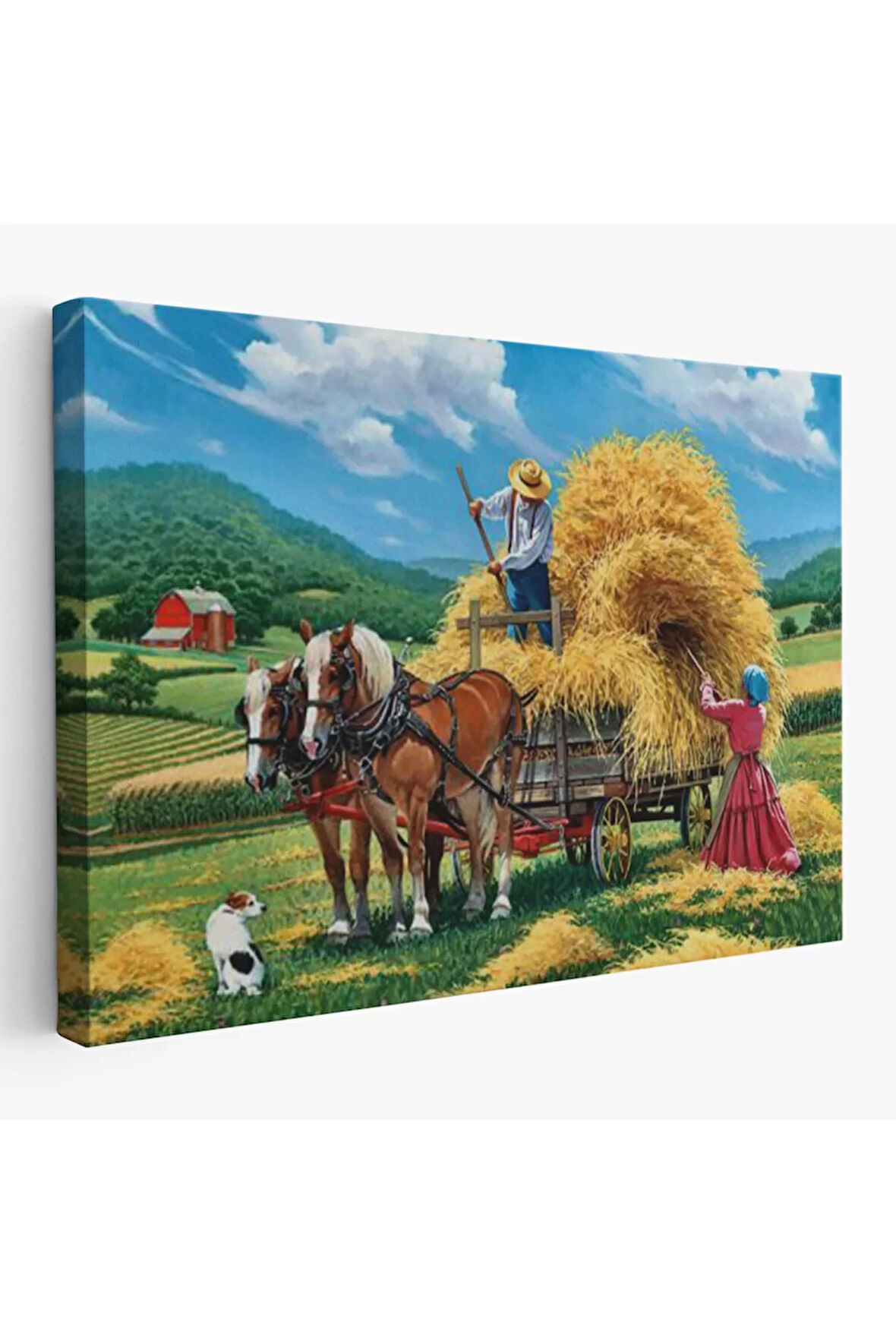 At Arabasına Saman Yükleyen Köylüler Duvar Tablosu-6531
