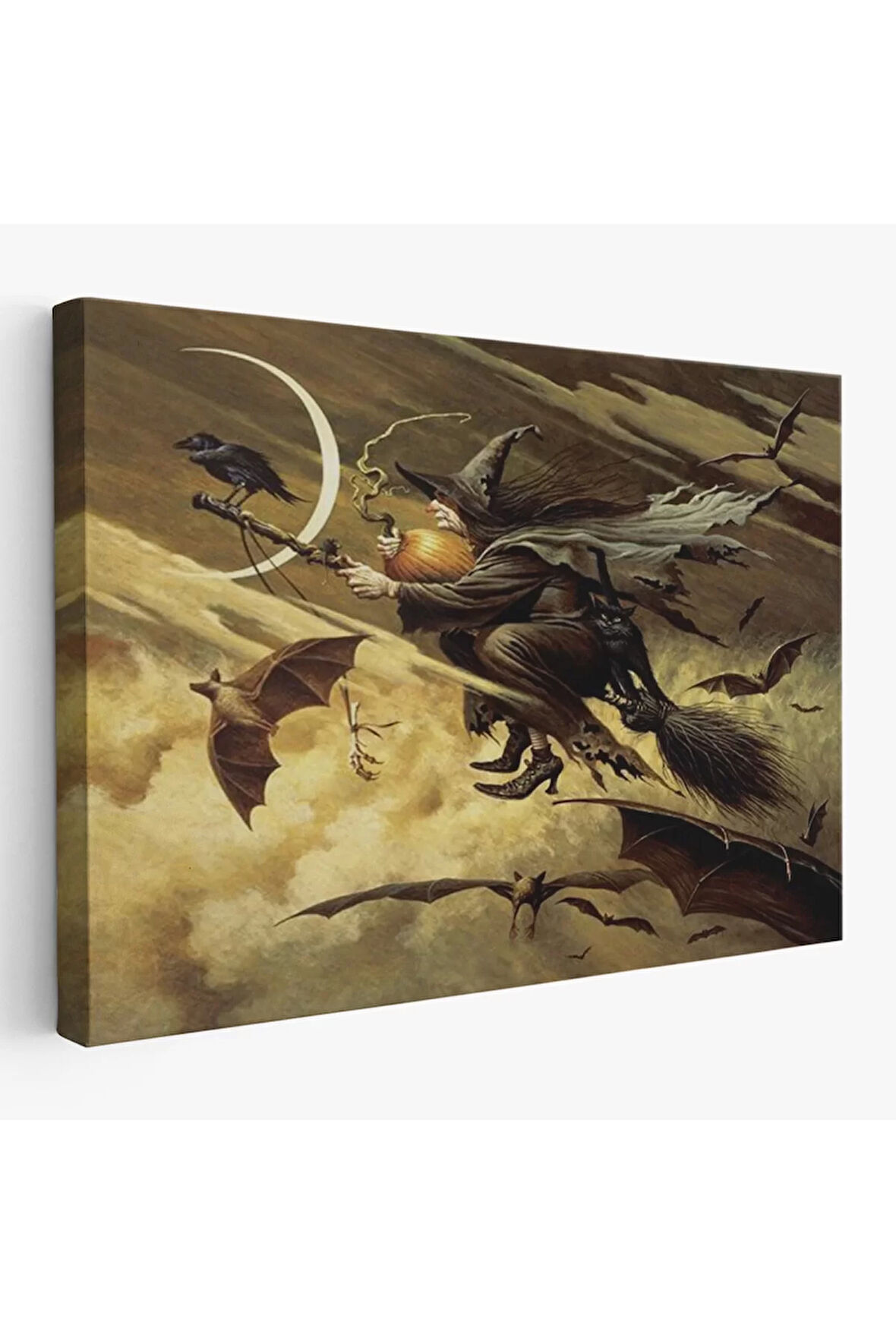 Süpürge İle Uçan Cadı Ve Kedisi Cadılar Bayramı Helloven Duvar Tablosu -6559