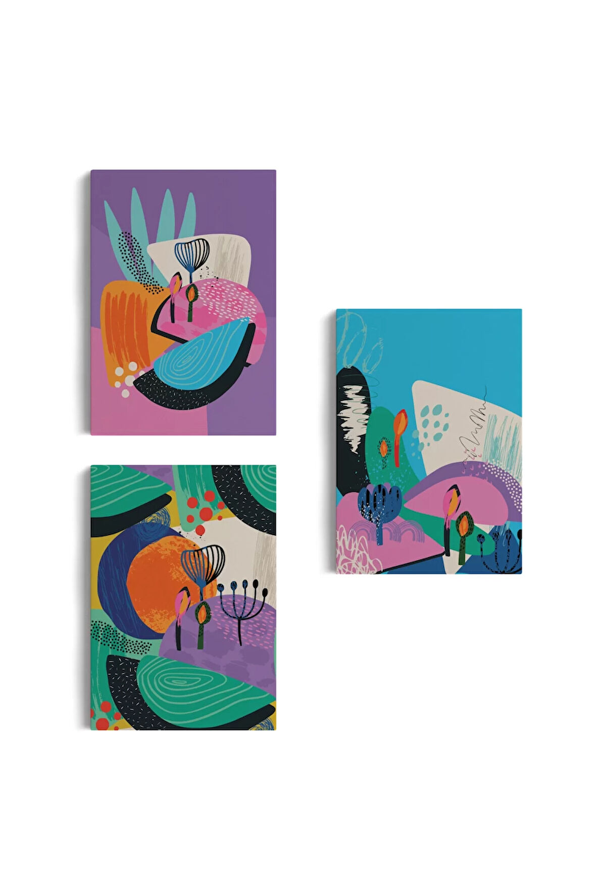 Doğa Motifleri, Çiçek Yaprakları, Modern Soyut Tarzda 3 Lü Kanvas Tablo Seti-ak-11