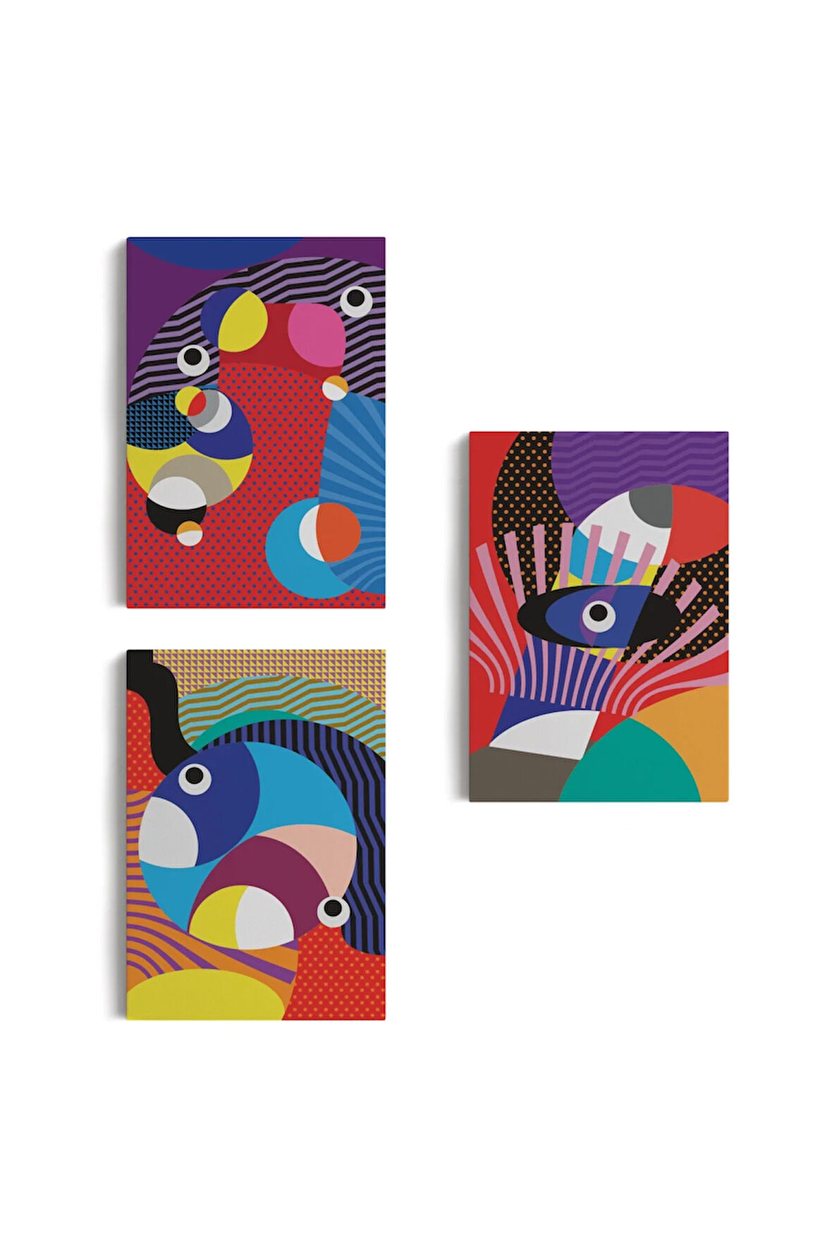 Renkli Geometrik Desenli Pop Art 3 Lü Kanvas Duvar Tablo Seti-ao-14