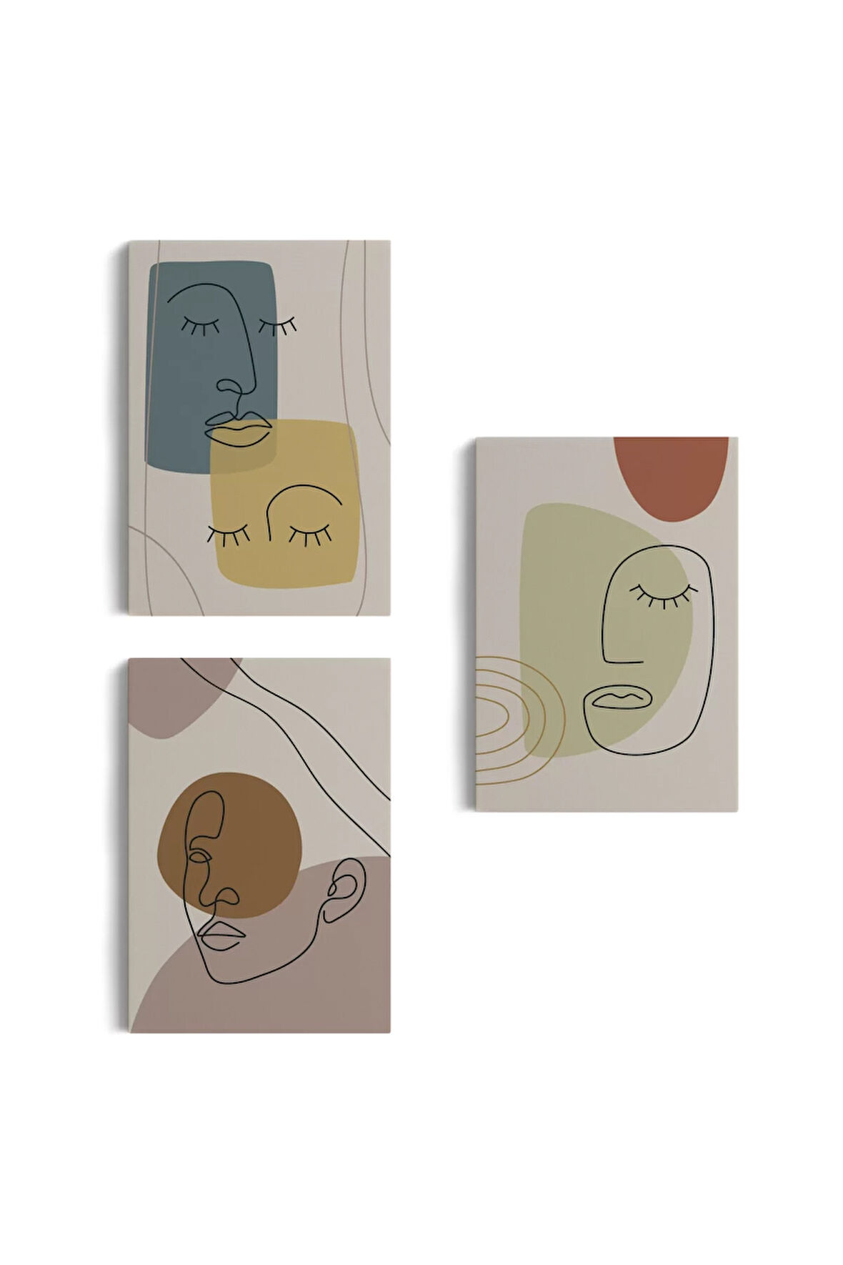 3’lü Tablo Minimal Şekiller Ve Çizgi Sanat Yüzleri Soyut Sanat Tablo Seti-ap-16