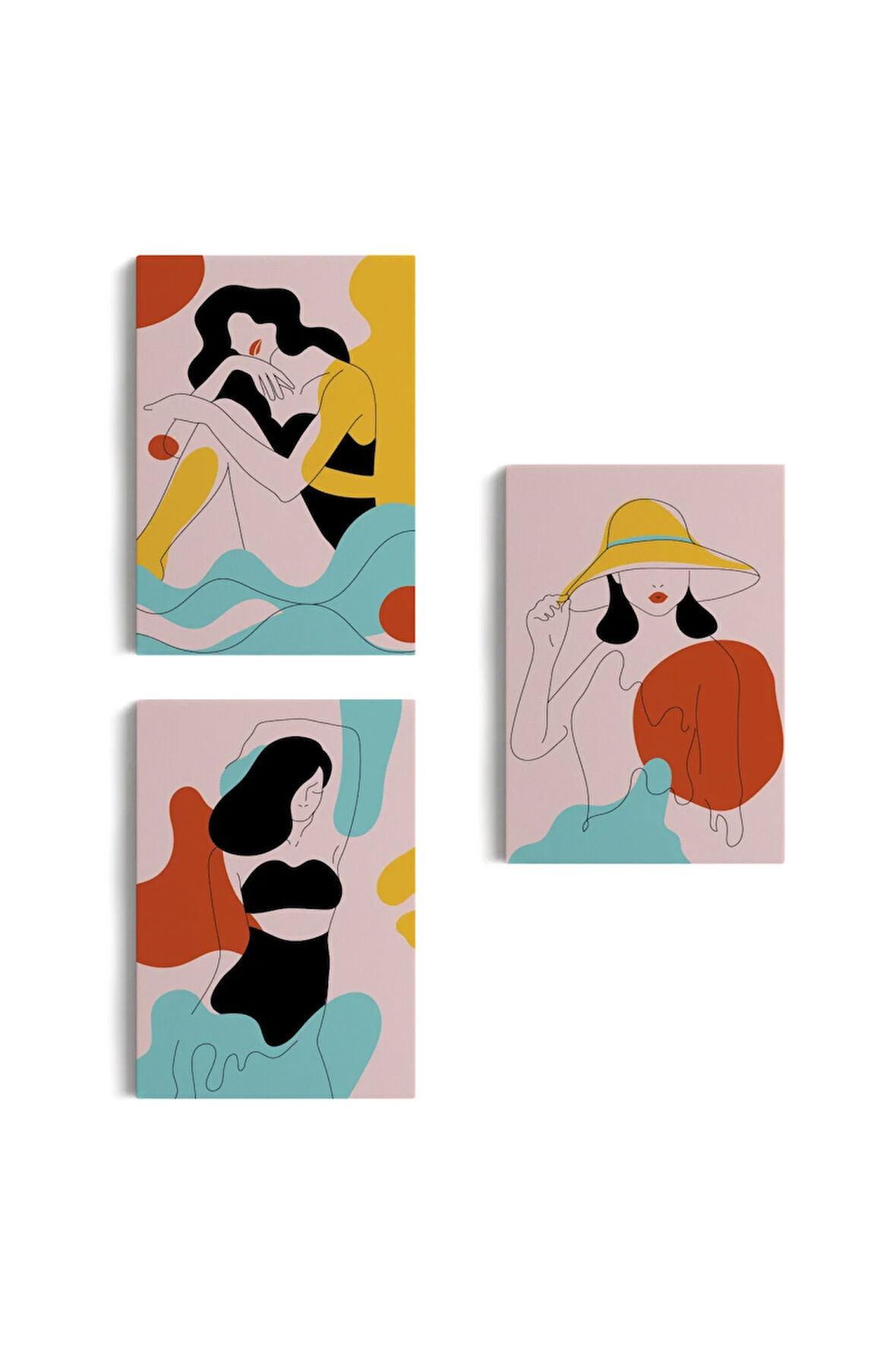 3’lü Tablo Renkli Zarif Kadınlar Çizgi Sanat Tarzında Dekoratif Tablo Seti-as-18