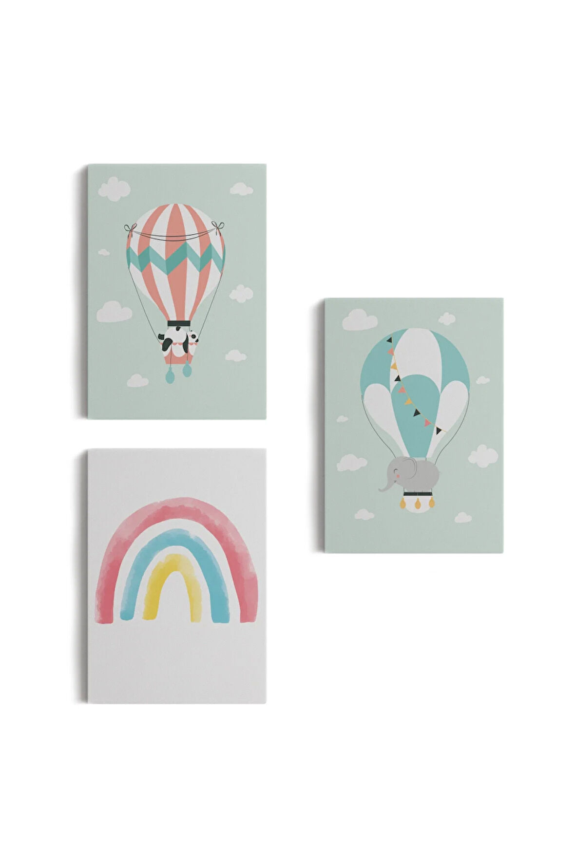 3’lü Tablo Balonla Uçan Sevimli Hayvanlar Temalı Dekoratif Duvar Tablo Seti-bp-41